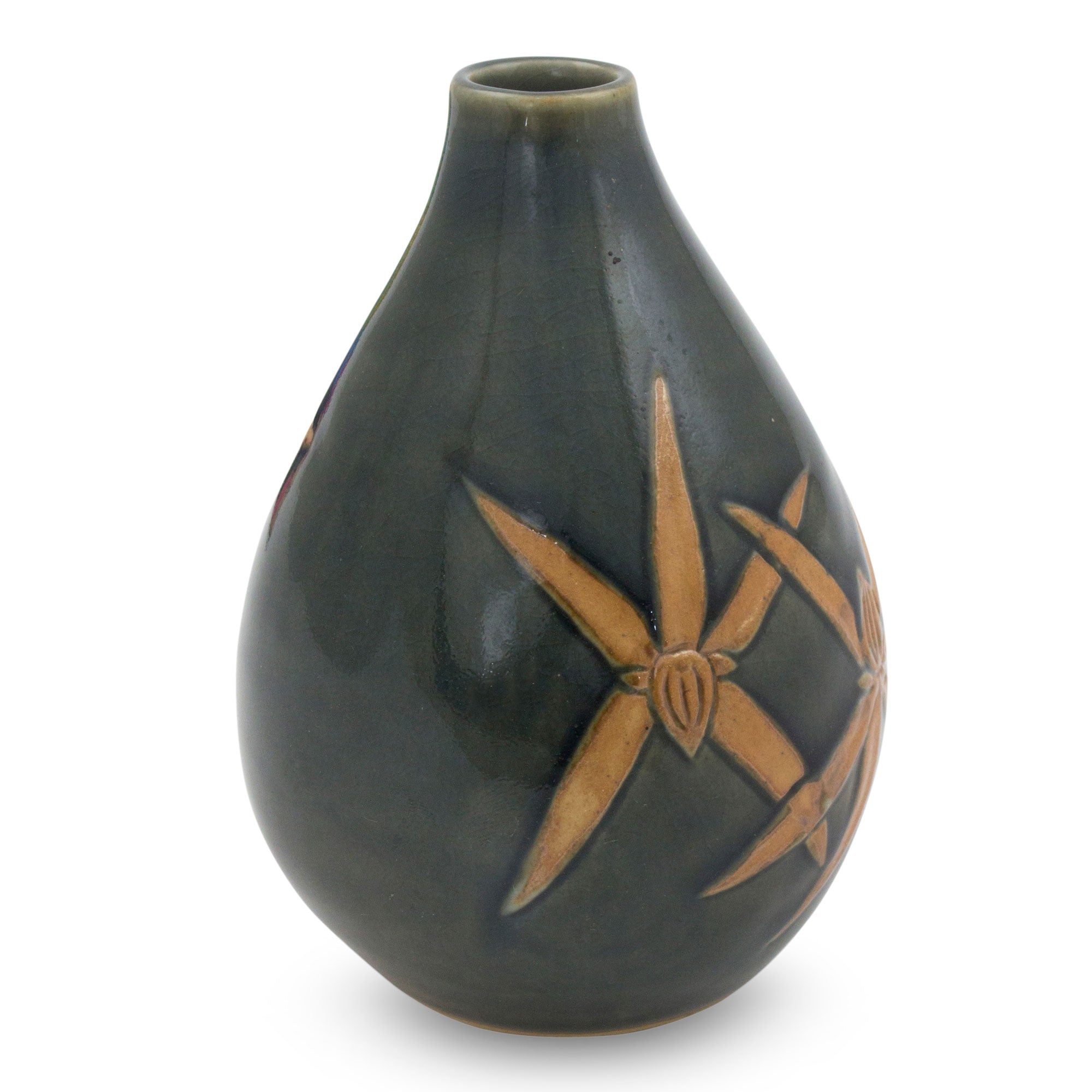 Premium Celadon Ceramic Vase: Dragonfly Orchids Design - Handcrafted Elegance