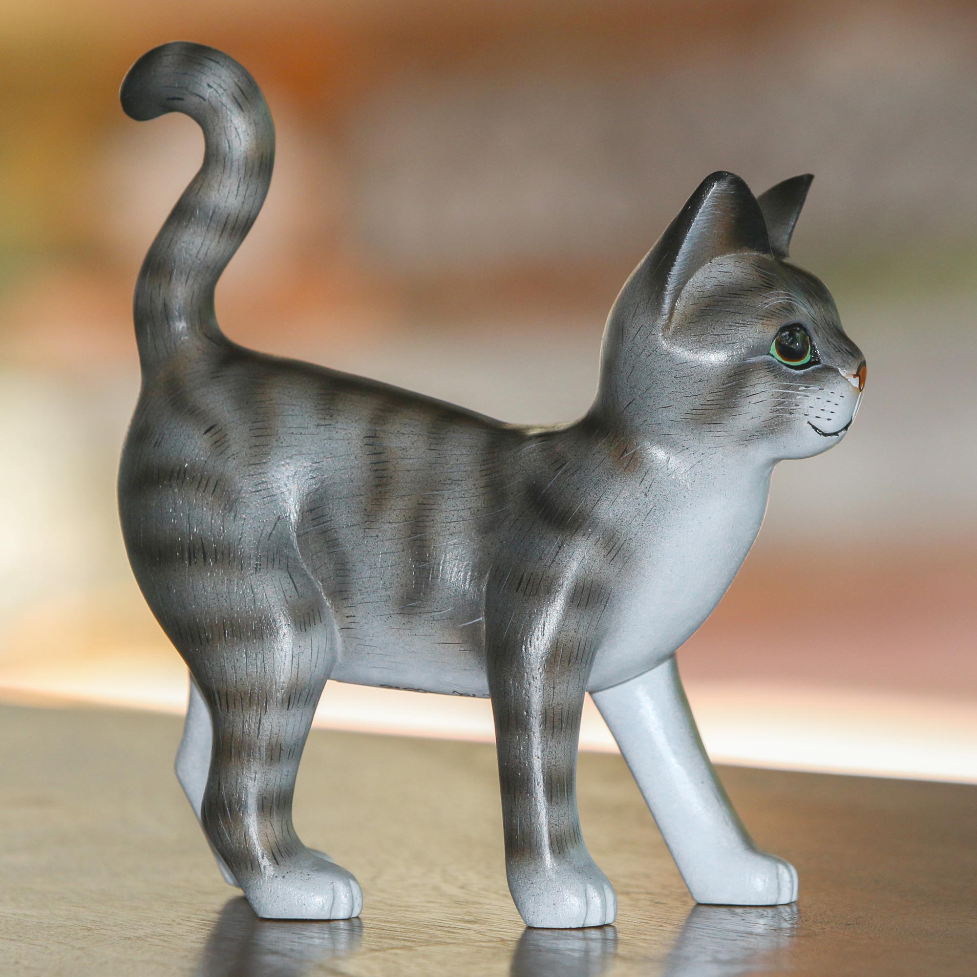 Premium Hand-Carved Balinese Kitten Sculpture in Grey & White