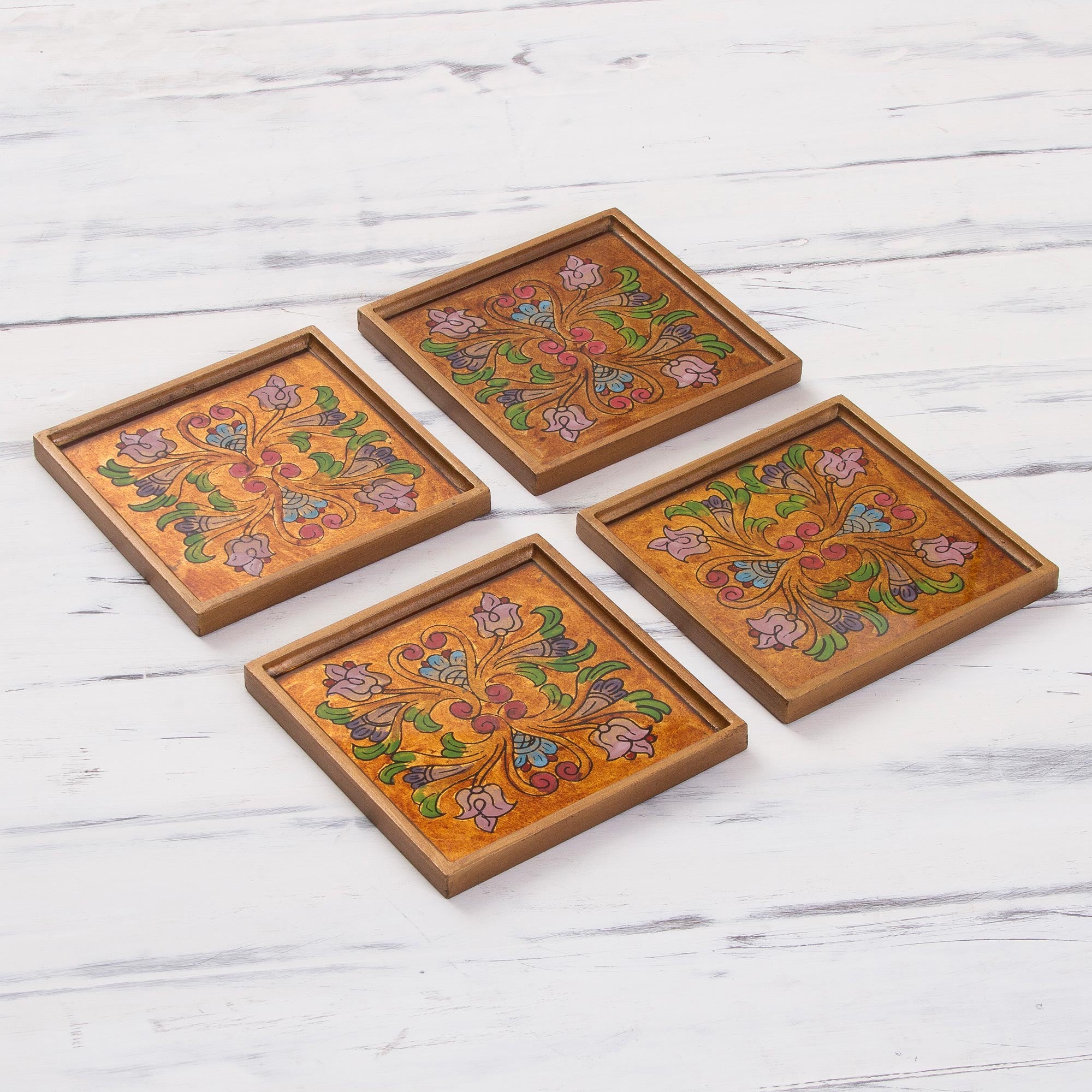 Premium Floral Gold Reverse Painted Glass Coasters - Set of 4 | Handcrafted in Peru