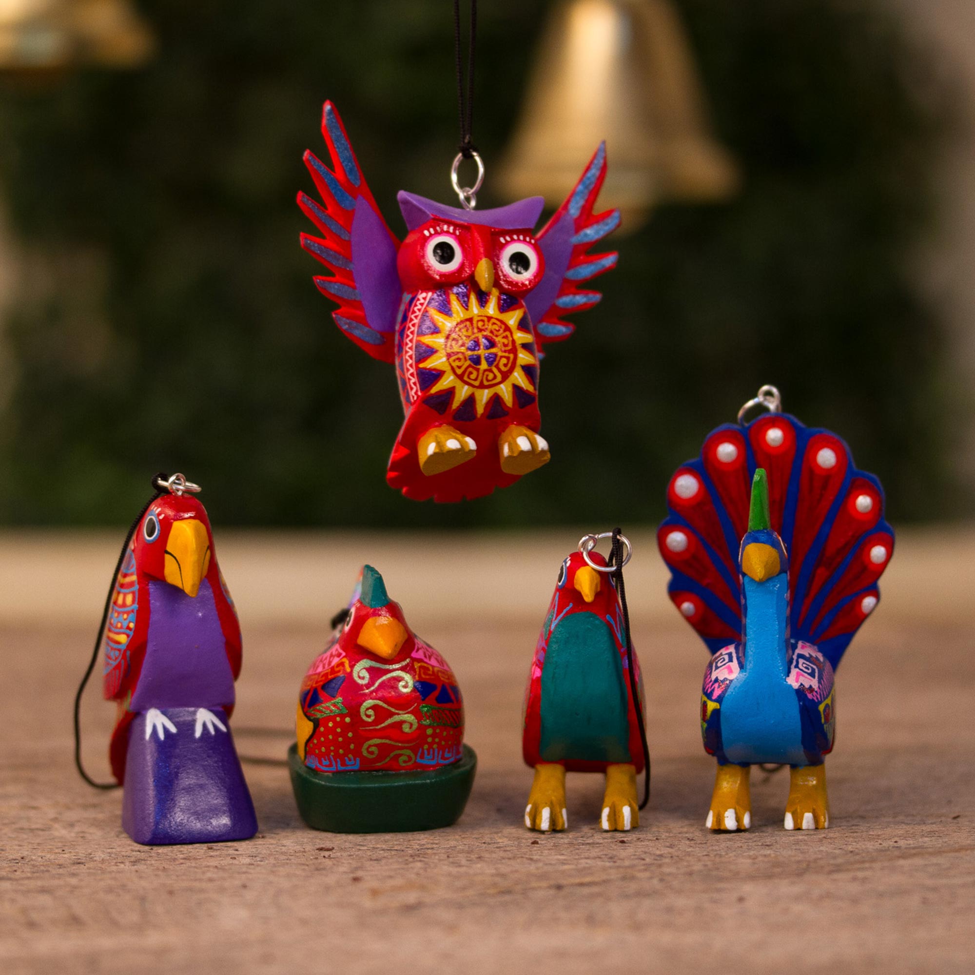 Premium Hand-Painted Alebrije Wooden Bird Ornaments - Set of 5 (Magic Birds Collection)