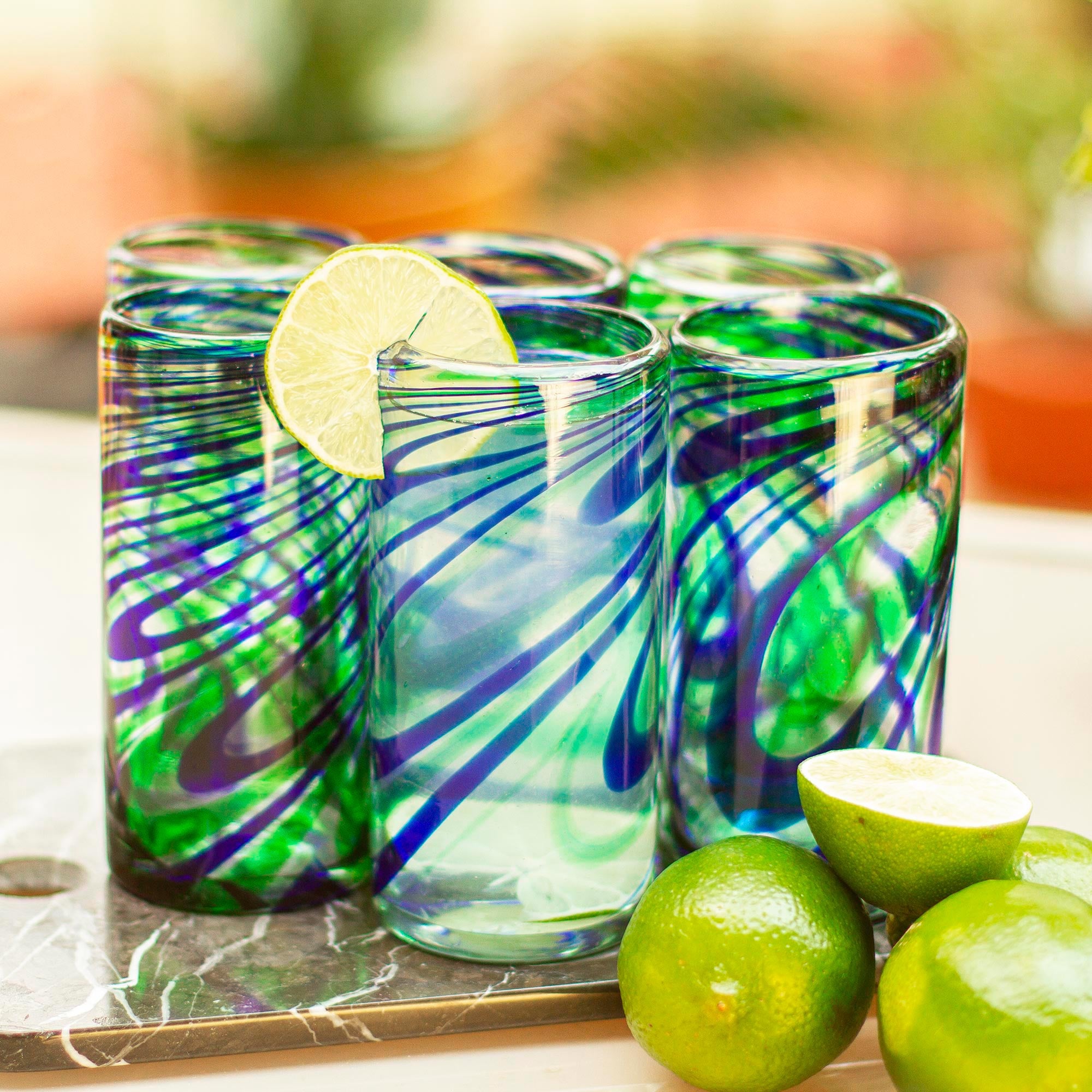 Premium Handcrafted Mexican Glass Highball Set - Elegant Energy Collection (Set of 6)