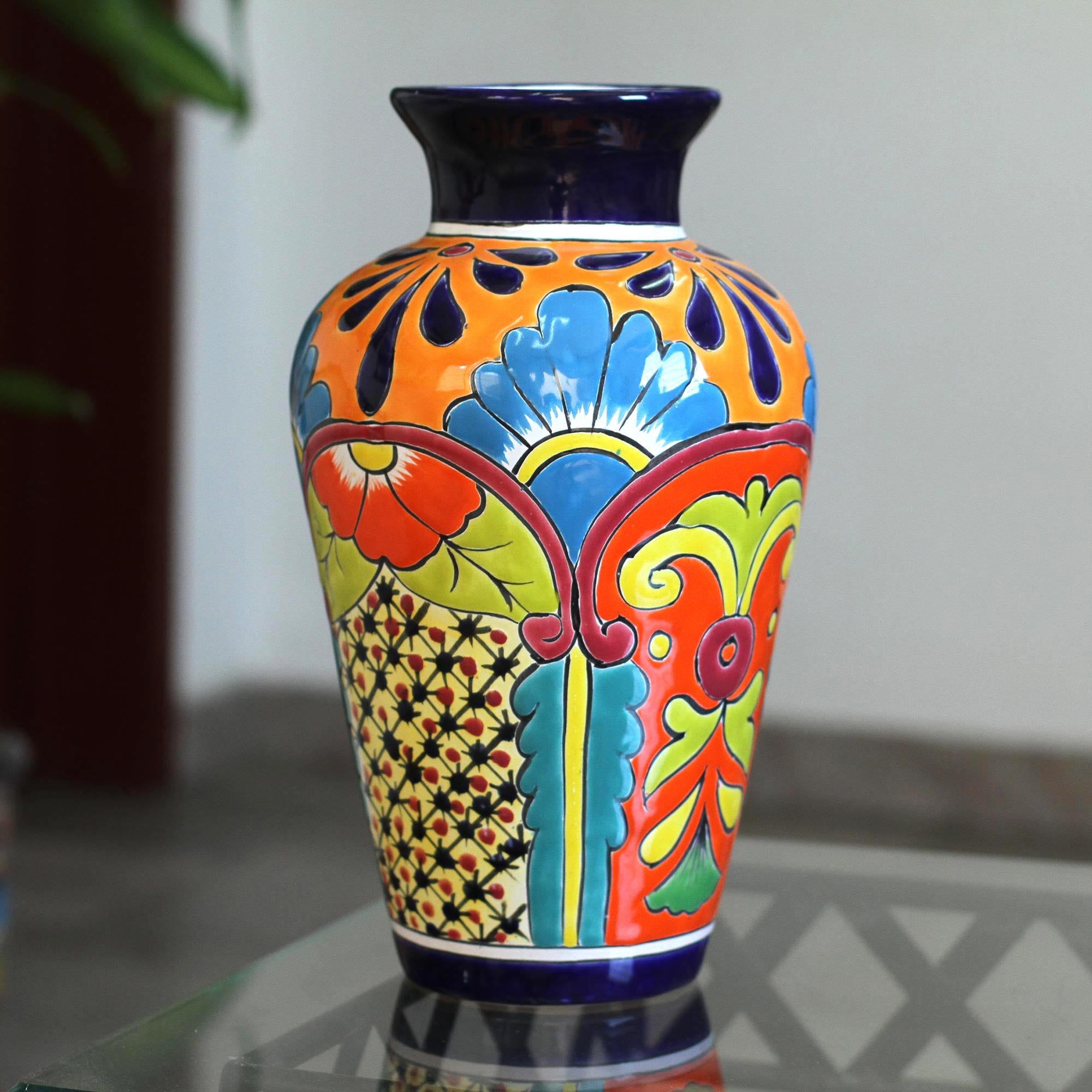 Premium Handcrafted Talavera-Style Ceramic Vase - Vibrant Floral Design