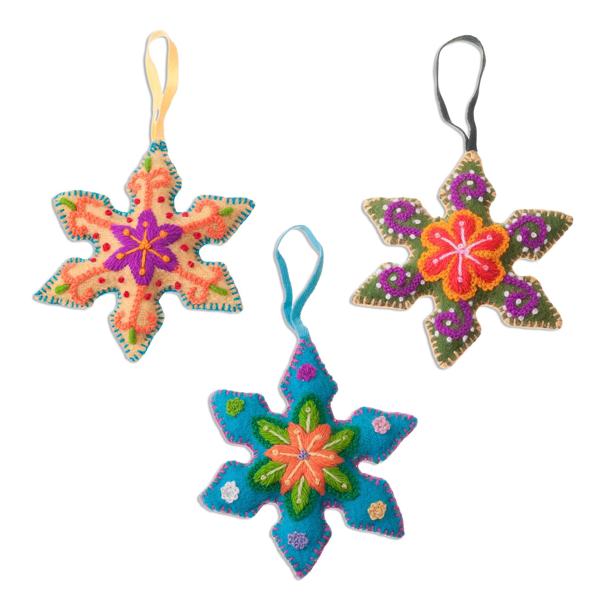 Premium Handcrafted Peruvian Wool Snowflake Ornaments - Set of 3