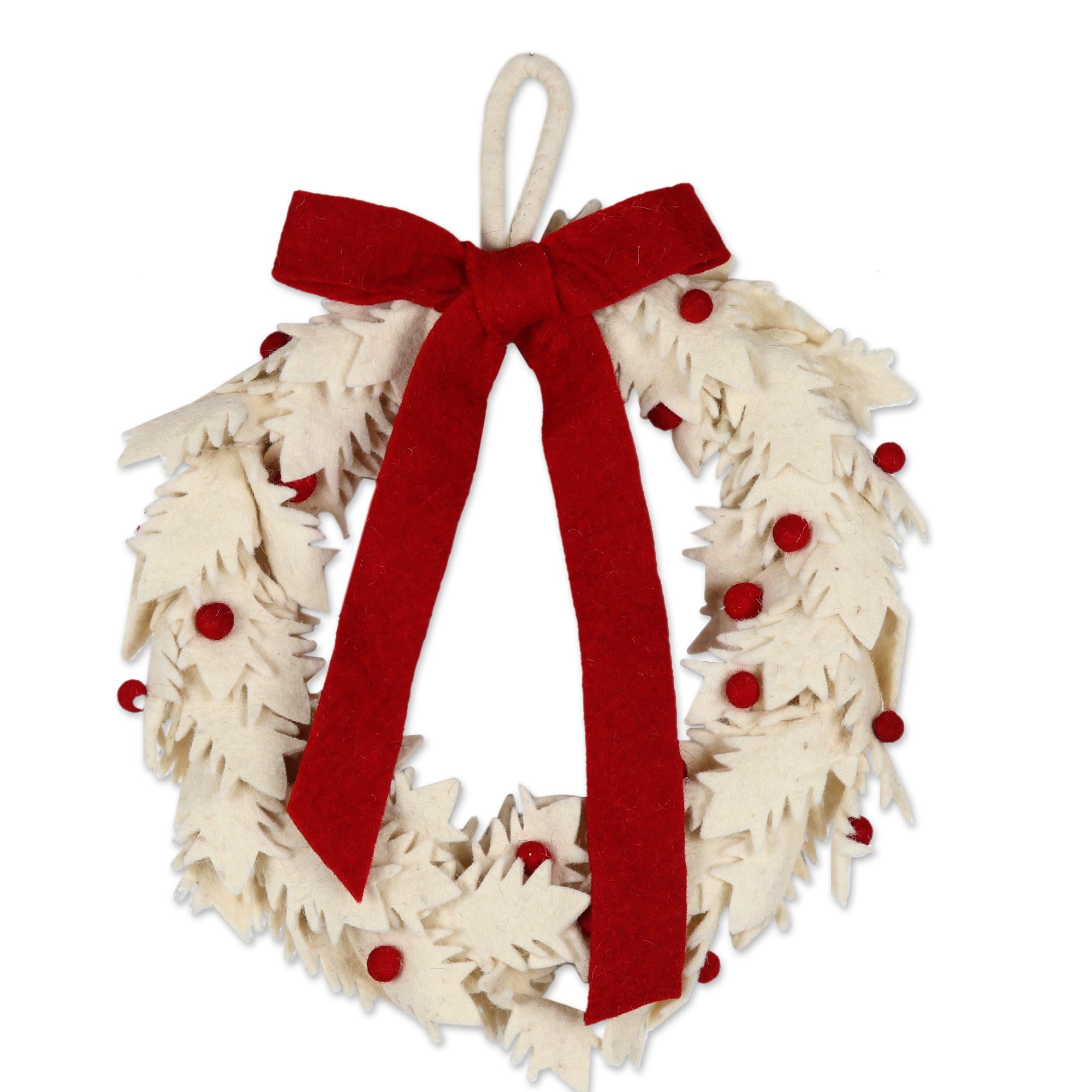 Premium Handcrafted Ivory Wool Christmas Wreath with Red Pom Poms