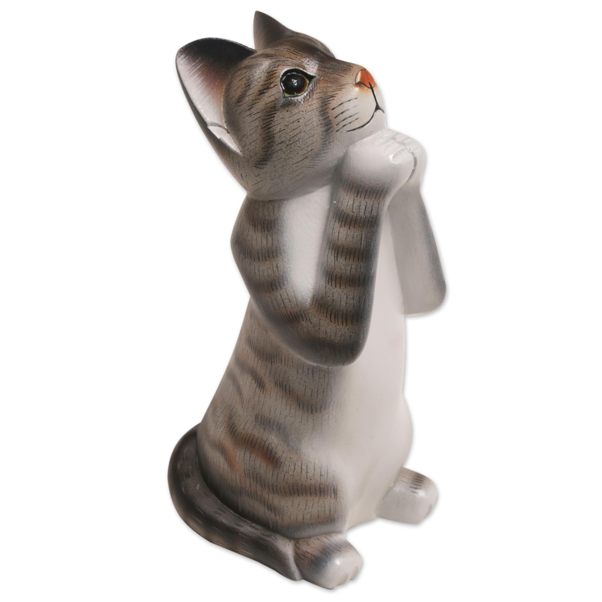 Premium Grey Wishing Cat Sculpture – Handcrafted Suar Wood Art from Bali