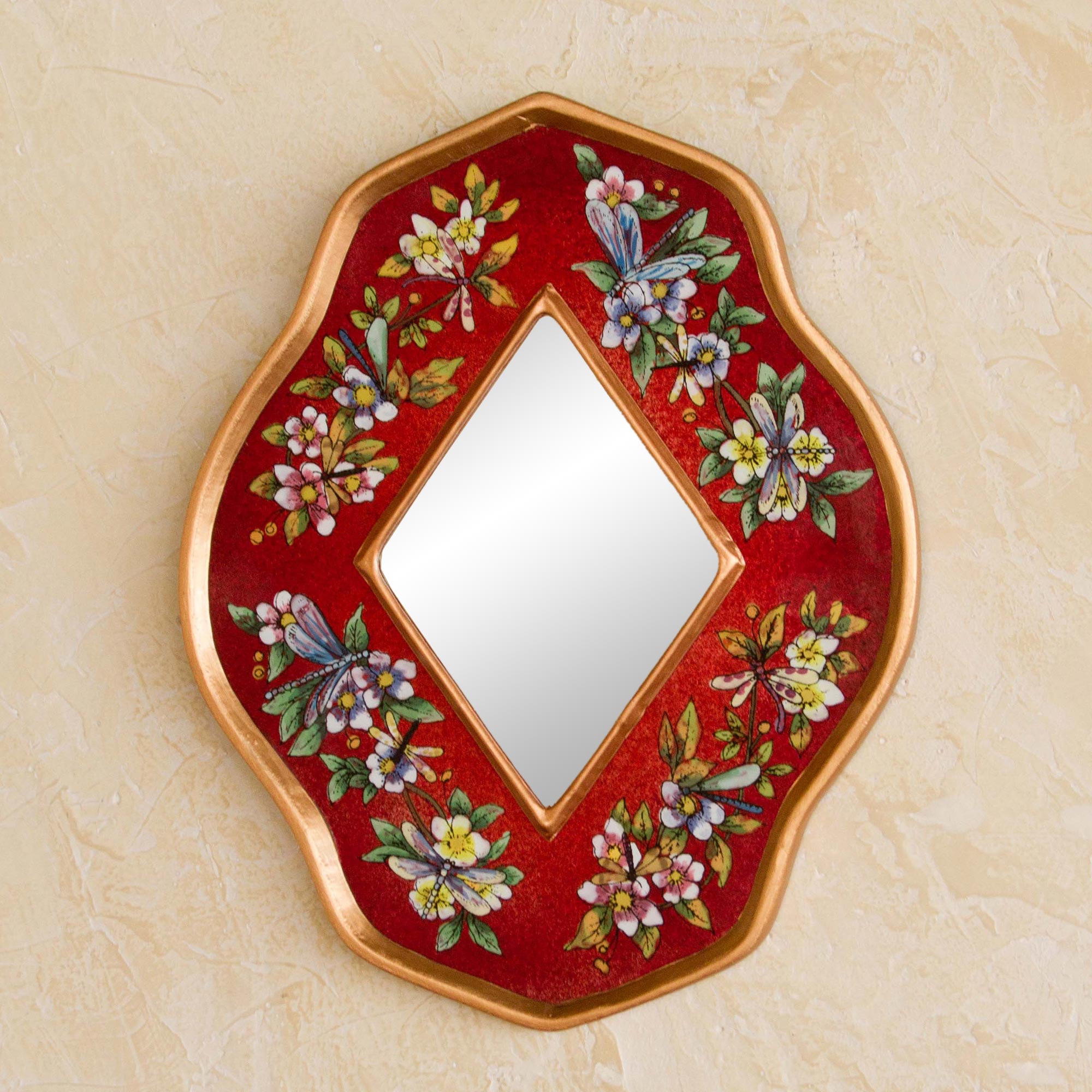 Premium Crimson Garden Reverse Painted Glass Wall Mirror - Handcrafted Artisan Decor