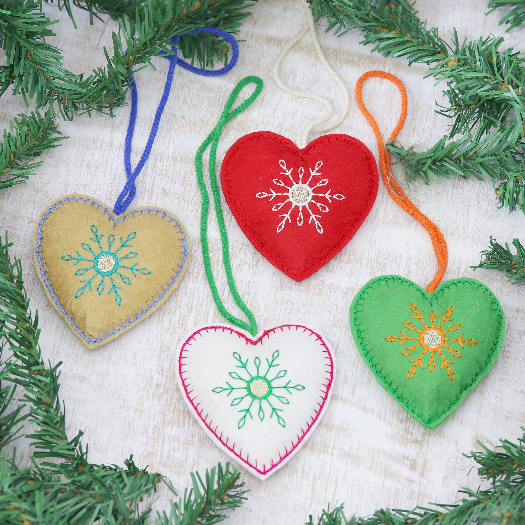 Premium Handcrafted Folk Art Heart Ornaments - Set of 4 Assorted Colors