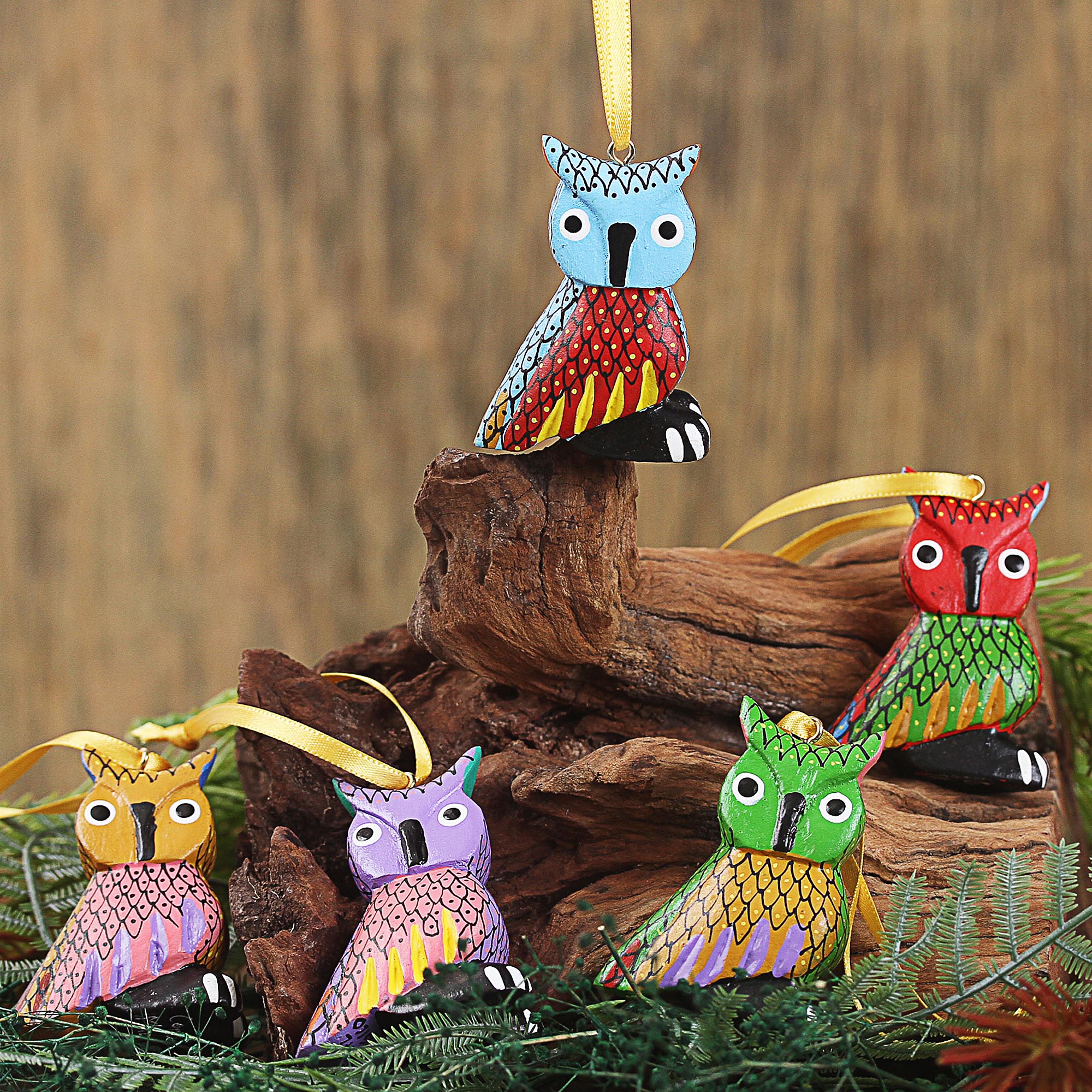 Premium Hand-Painted Alebrije Owl Ornaments - Set of 5, Authentic Mexican Craft