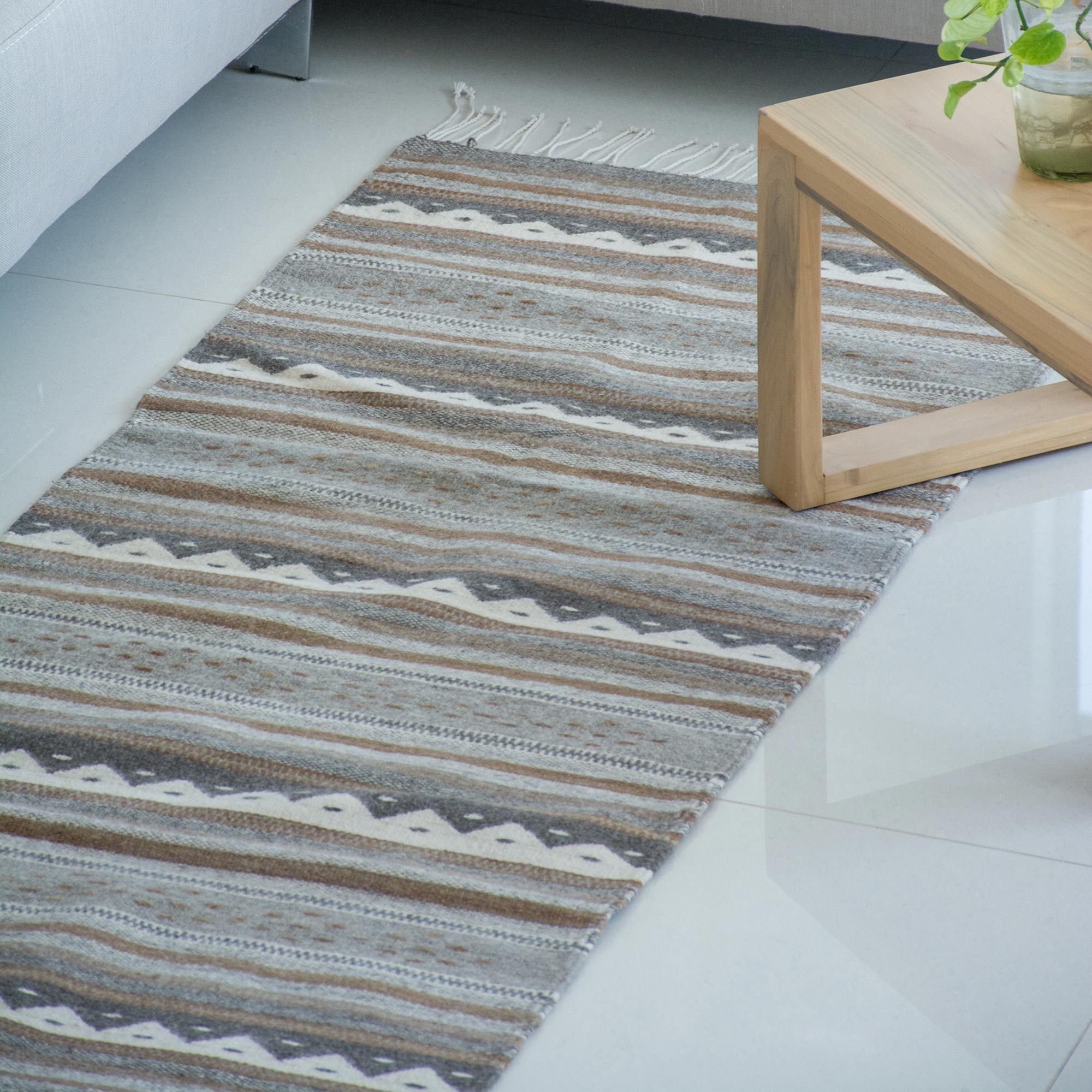 Premium Handmade Zapotec Wool Runner Rug in Gray & Brown (2.6x10) - Sierra Plains Collection