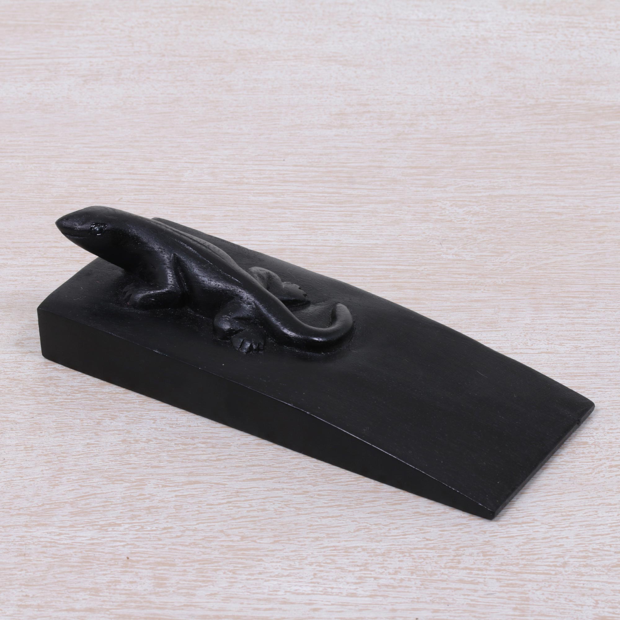 Premium Hand-Carved Suar Wood Gecko Door Stopper - Black