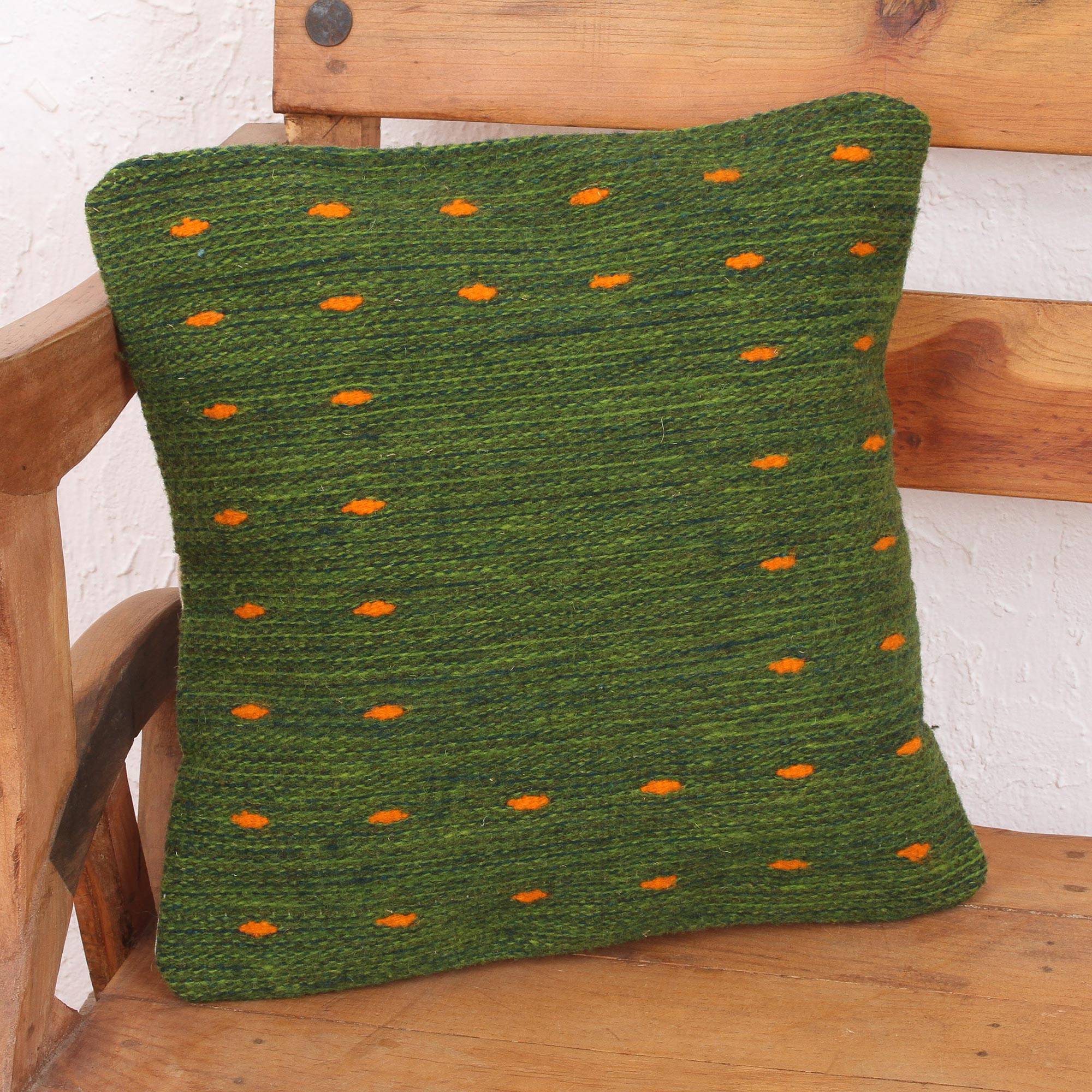Premium Hand-Woven Wool Pillow Cover - 'Dotted Passion In Green'