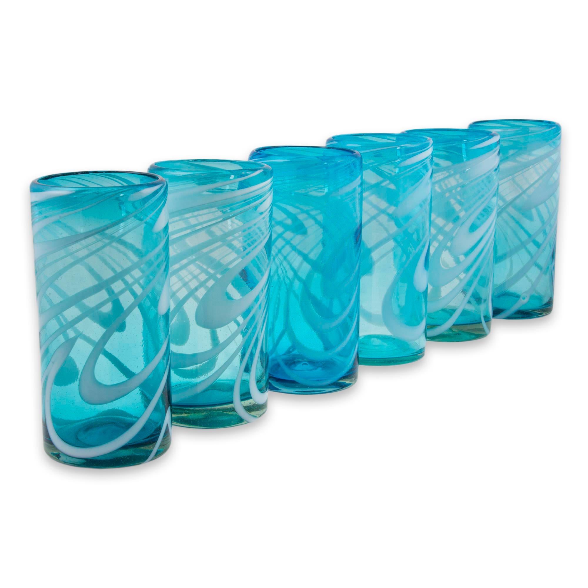 Premium Whirling Aquamarine Hand-Blown Highball Glasses - Set of 6