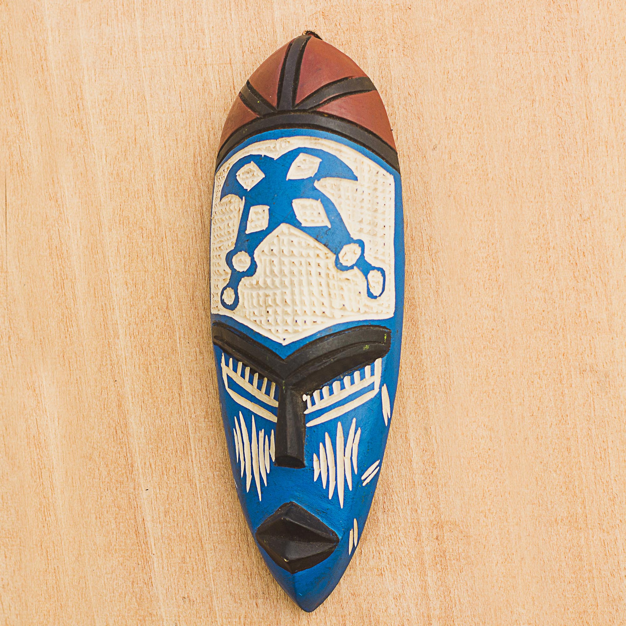 Premium Courageous Ohene African Wall Mask - Handcrafted Blue & Cream Wood Art