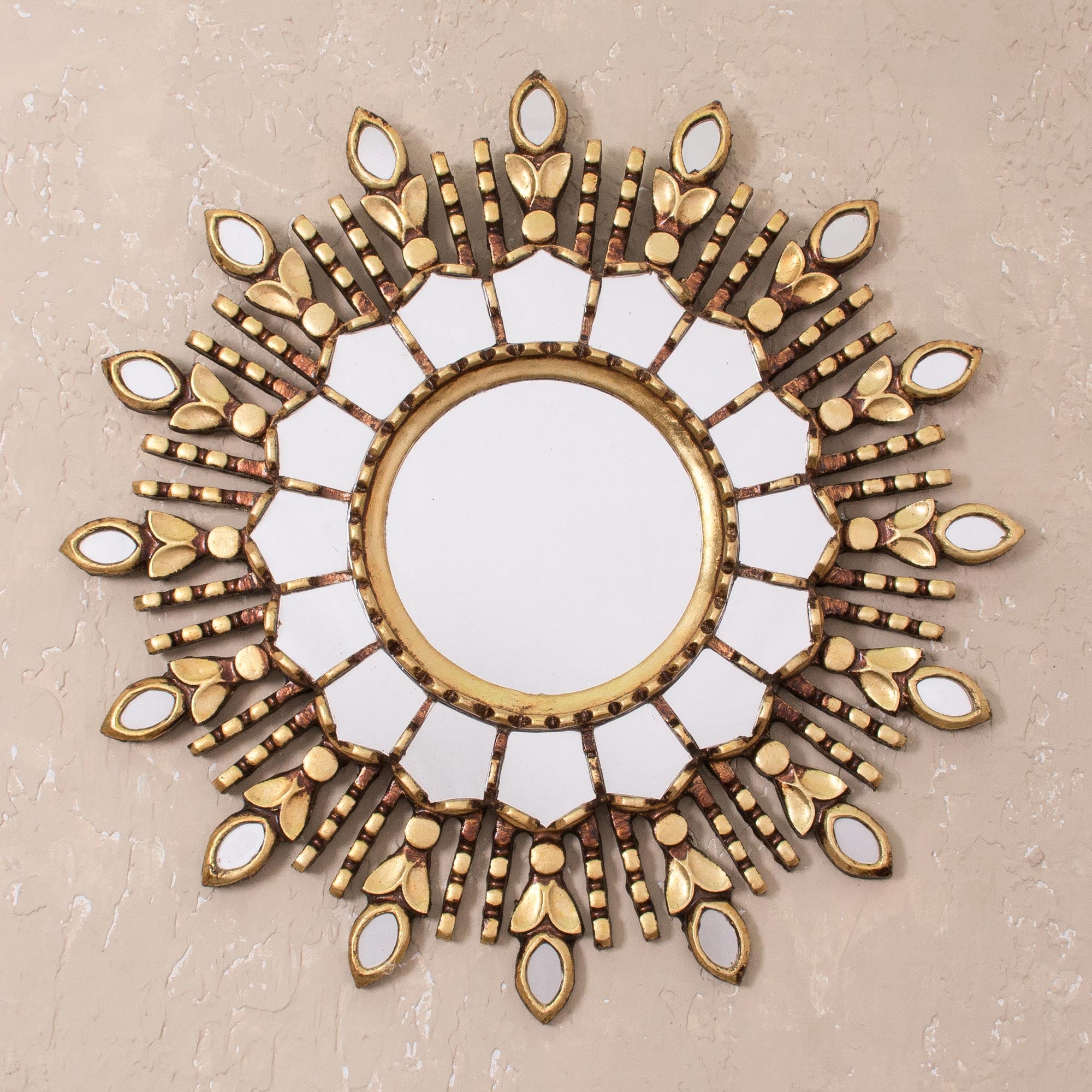 Premium Handcrafted Bronze Gilded Cedar Wood Wall Mirror – Radiant Sun Design from Peru