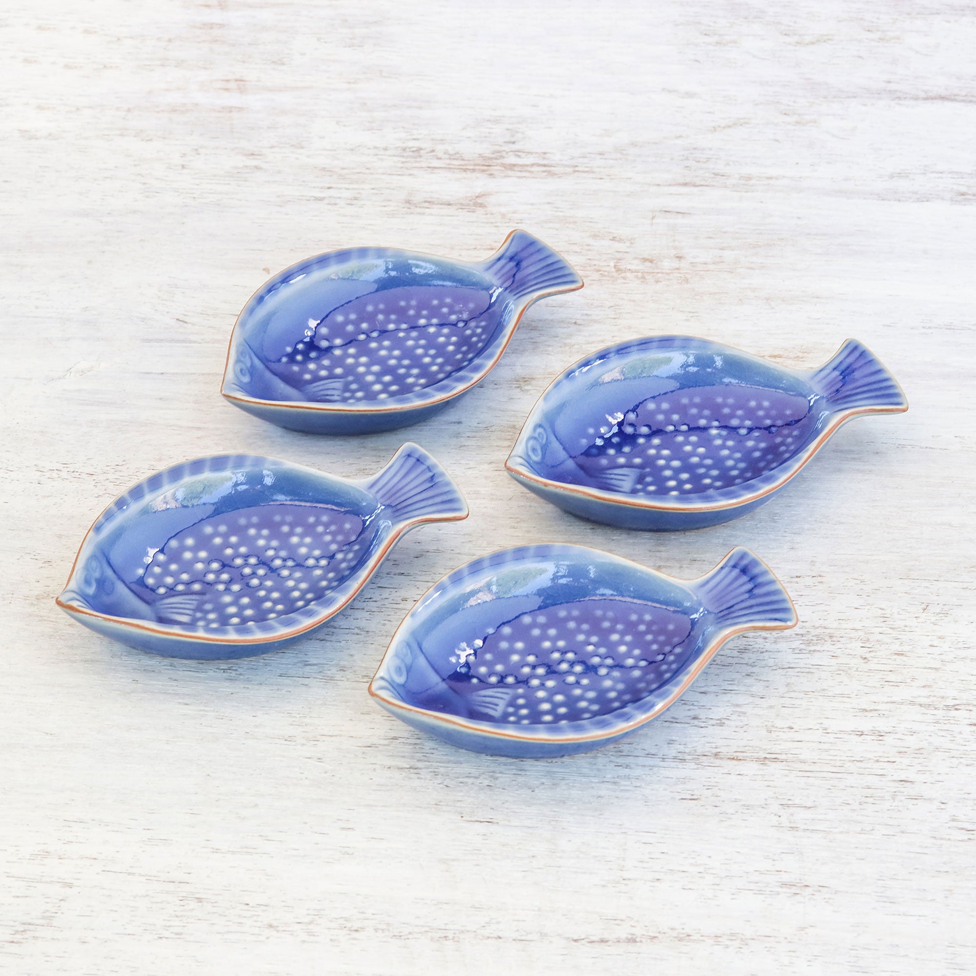 Premium Blue Fish-Shaped Ceramic Appetizer Bowls (Set of 4) - Perfect for Parties
