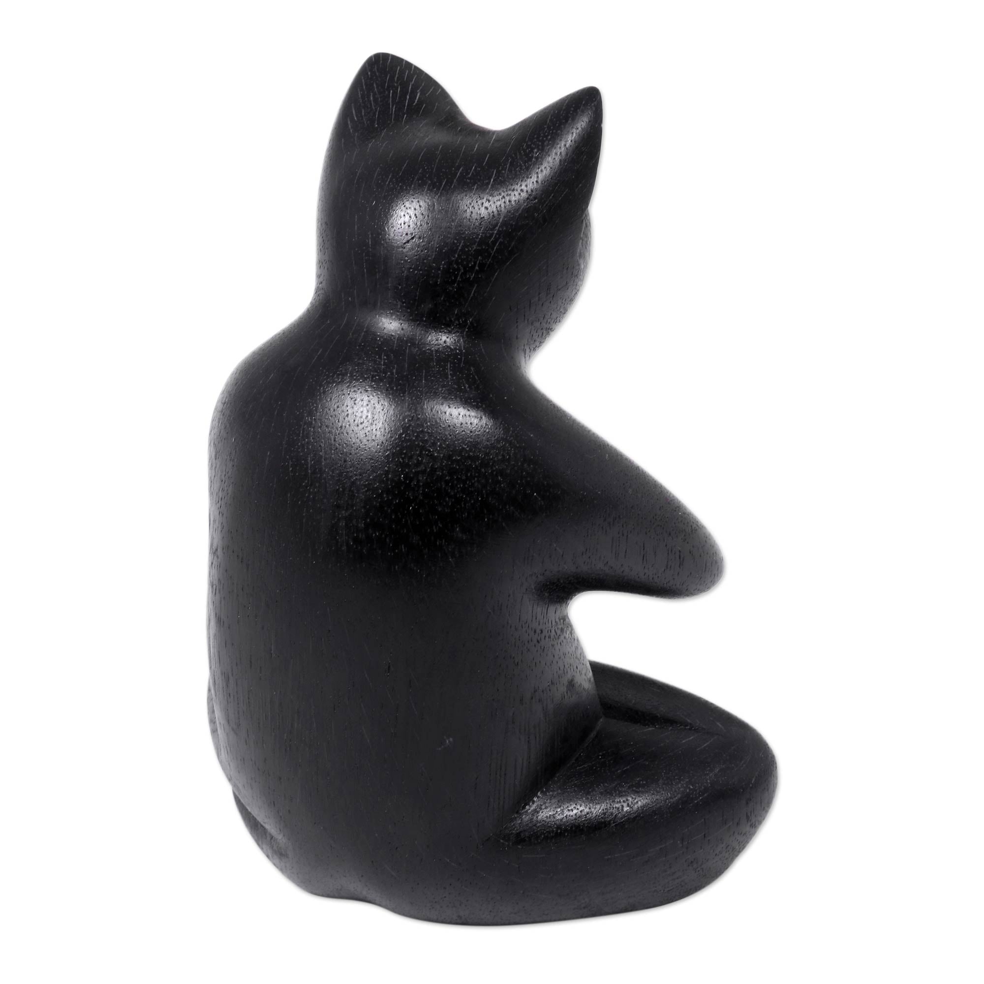 Premium Handcrafted Black Cat Prayer Sculpture in Suar Wood