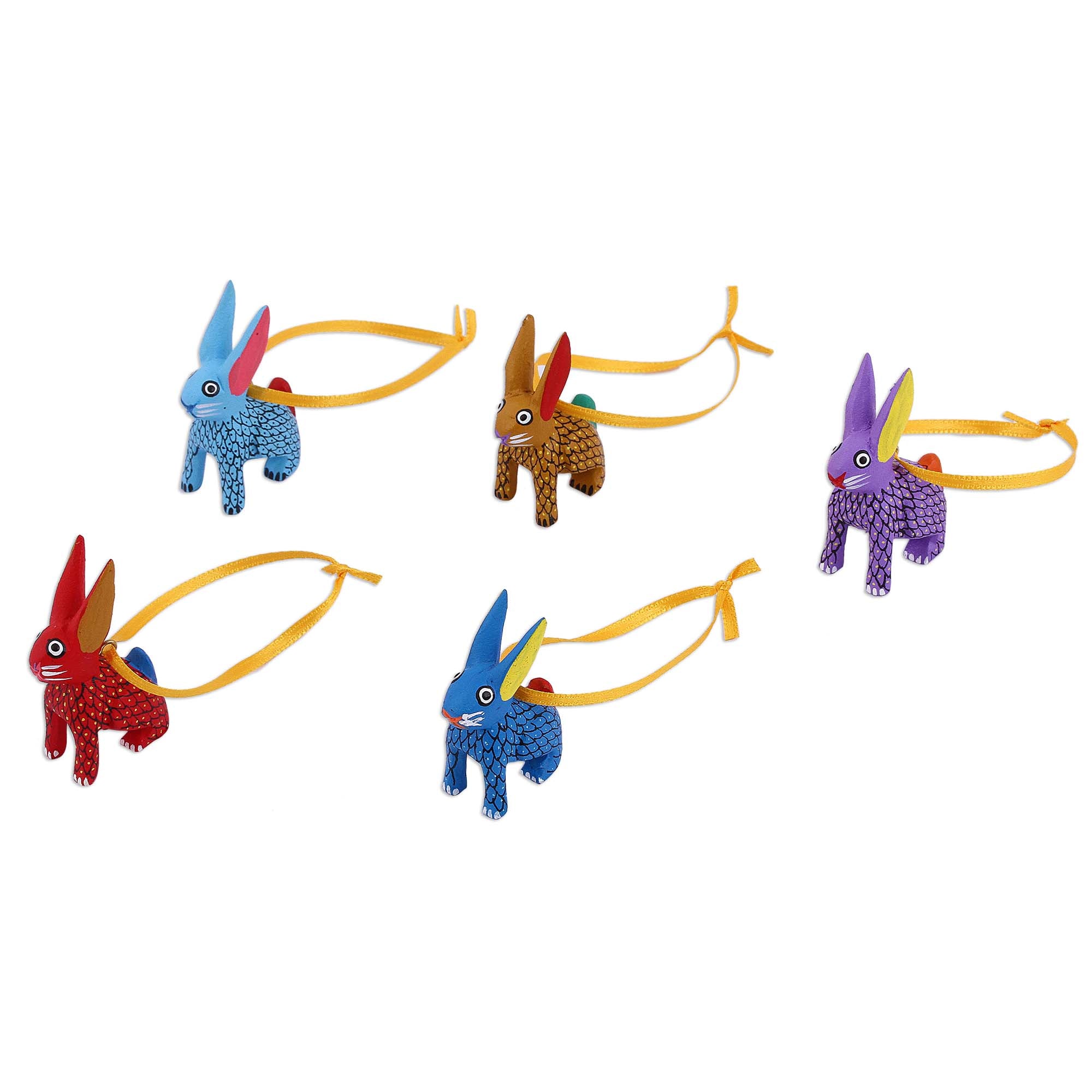 Premium Hand-Crafted Sweet Rabbits Wood Alebrije Ornaments (Set of 5) - Authentic Mexican Art