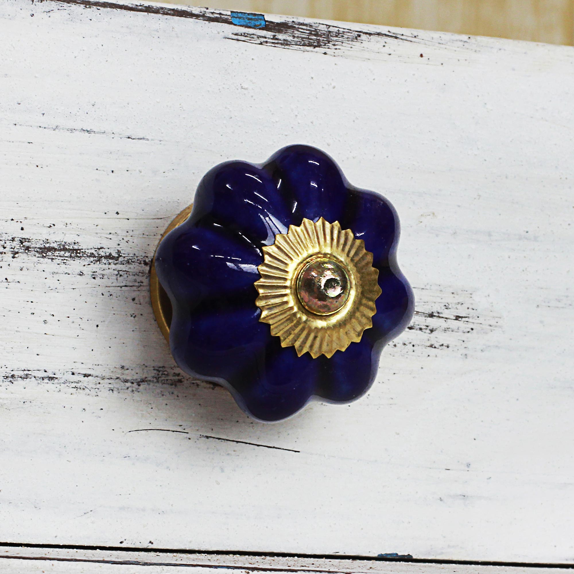 Premium Handmade Indigo Floral Ceramic Cabinet Knobs - Set of 6 (India Crafted)