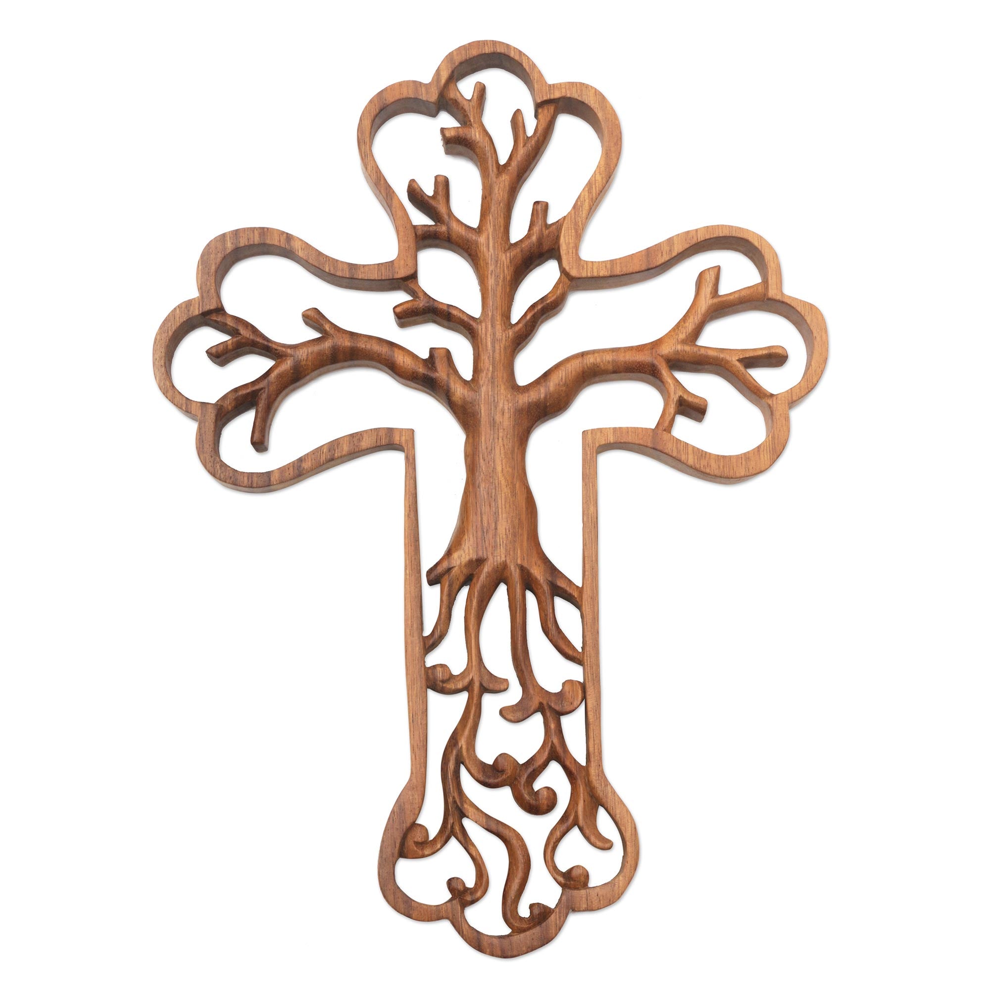 Premium Hand-Carved Tree Cross Suar Wood Relief Panel - Artisan Crafted in Bali