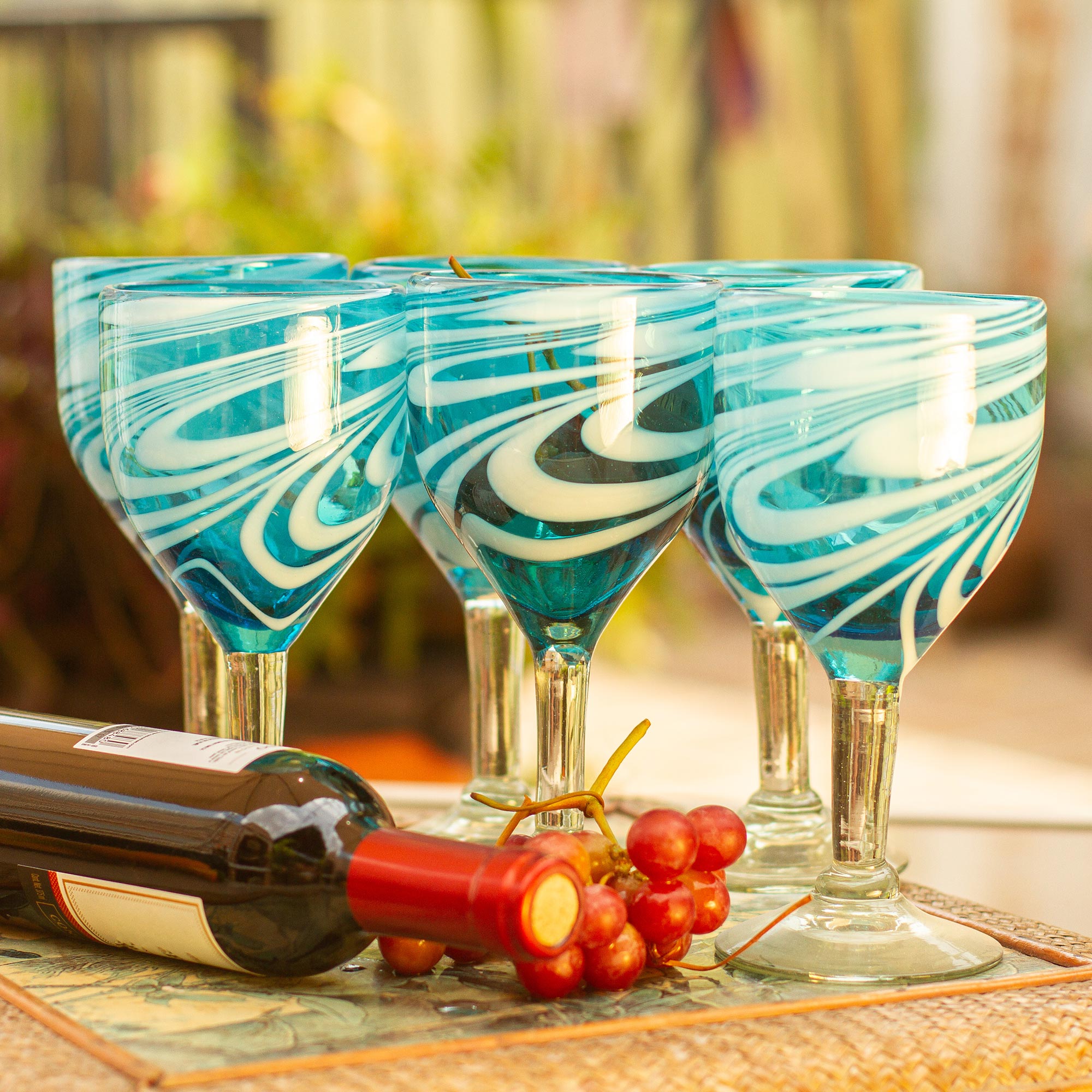 Premium Hand-Blown Aquamarine Wine Glasses Set - Artisan Crafted in Mexico