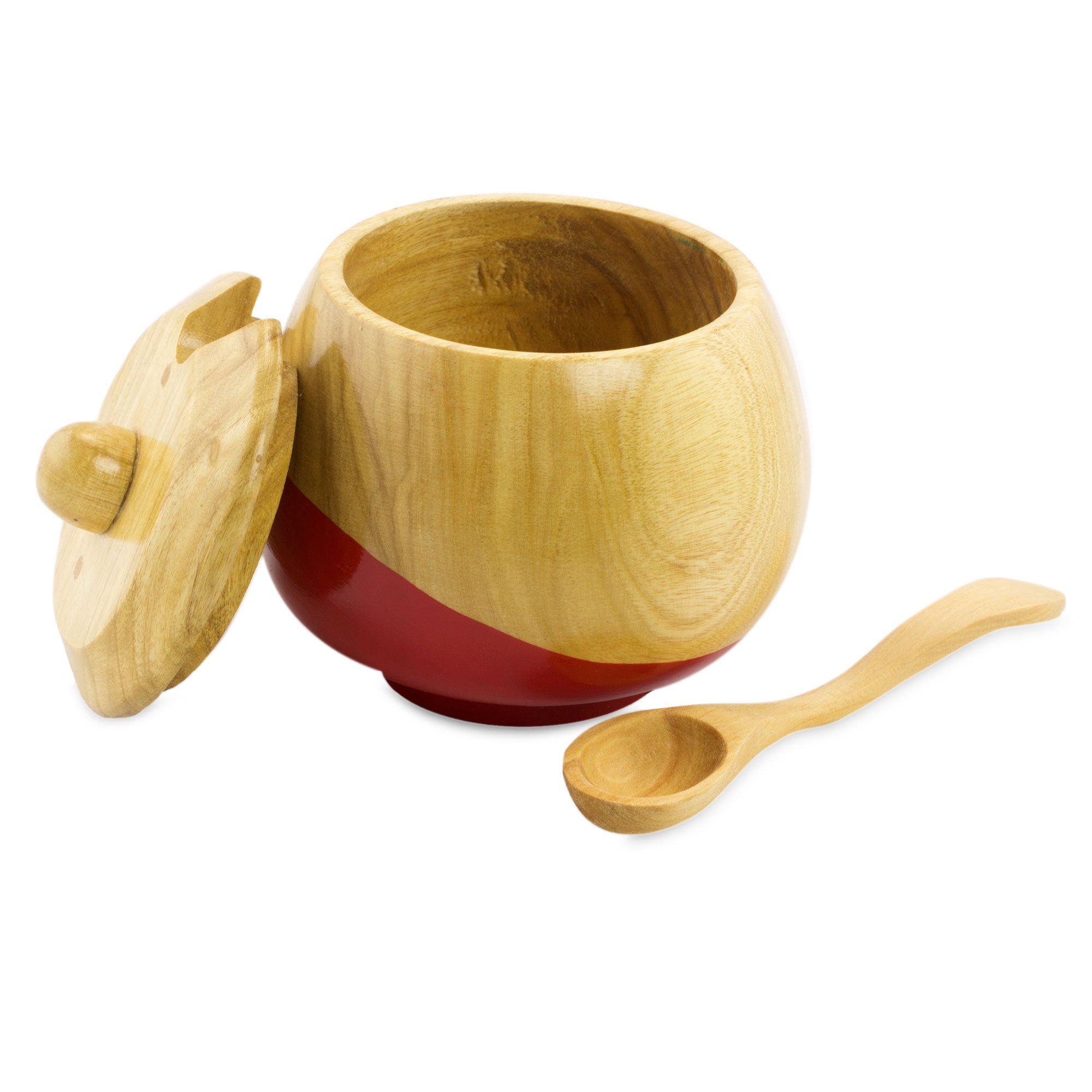 Premium Handcrafted Red Dipped Wooden Sugar Bowl & Spoon Set