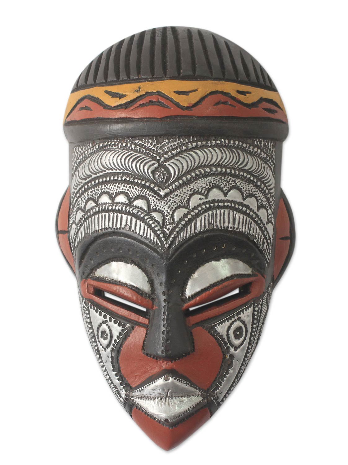 Premium Daimuwa III Hand-Carved African Wood Mask with Embossed Aluminum - Authentic Tribal Art