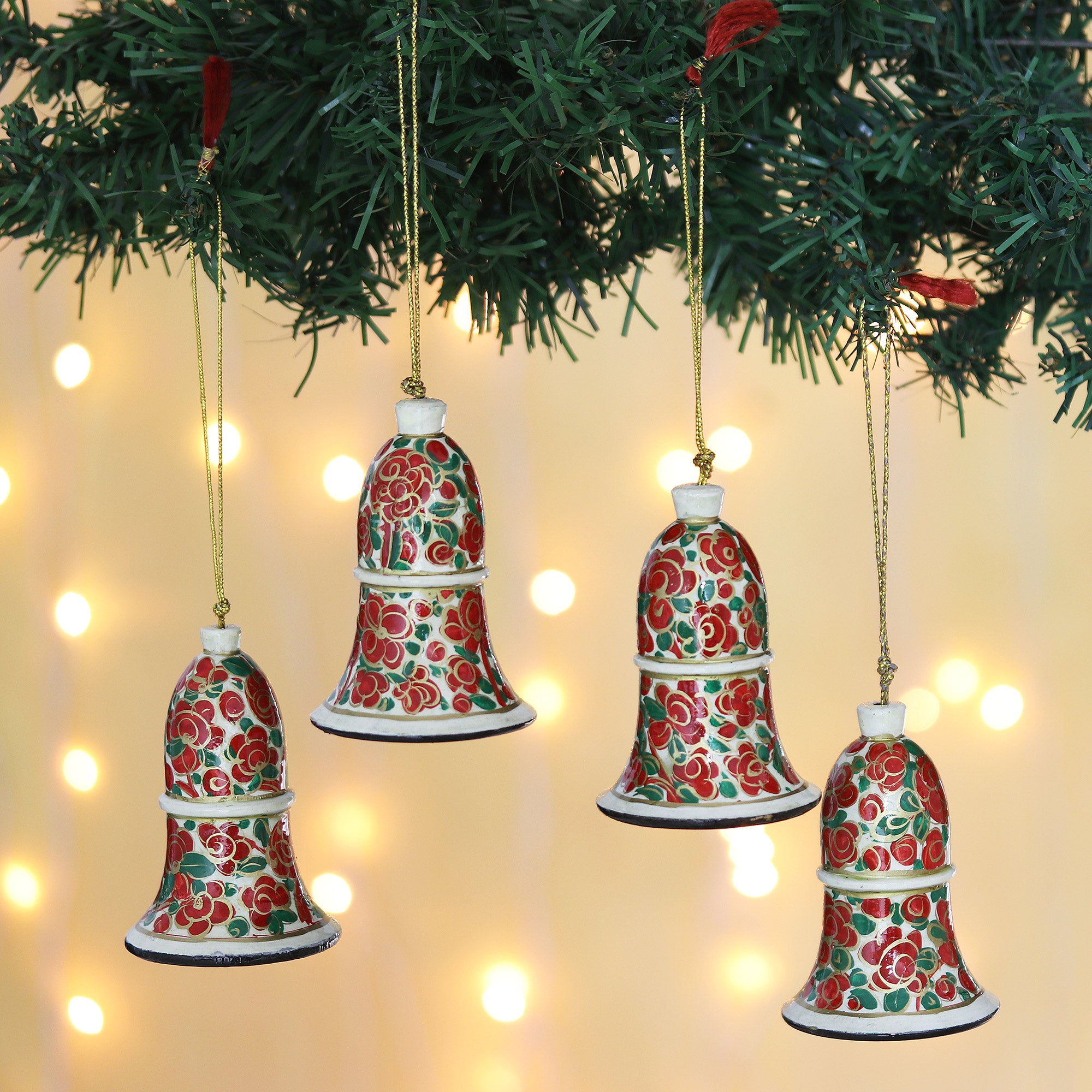 Premium Handmade Kashmir Bells - Set of 4 Unique Papier Mache Ornaments from India