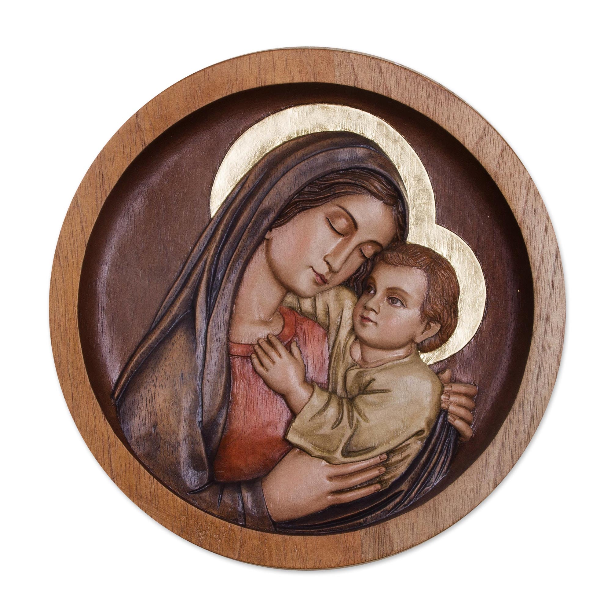 Premium Hand-Carved Mama Ashu Cedar Wood Relief Panel - Mary and Jesus from Peru