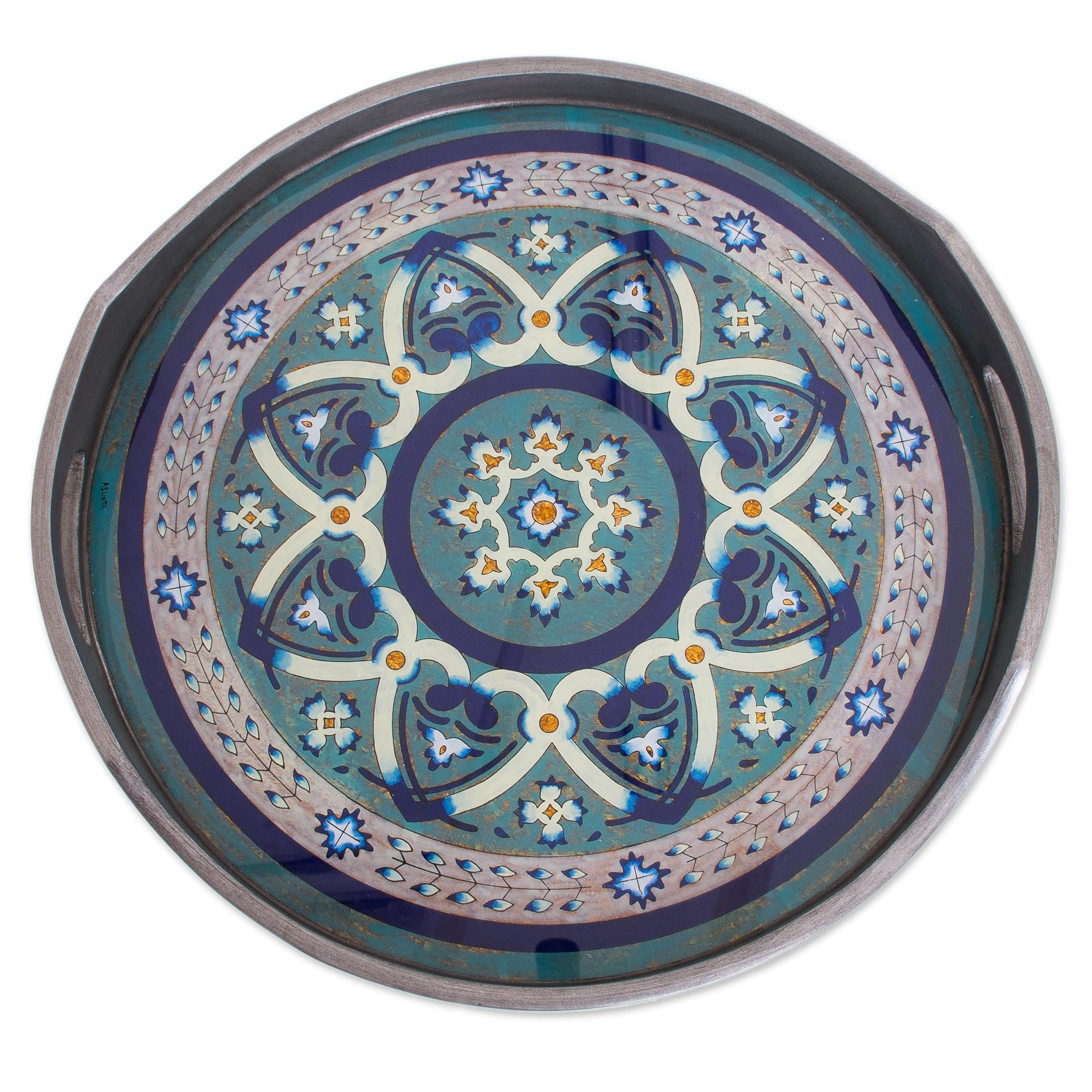 Premium Floral Art Steel-Tone Reverse-Painted Glass Tray - Handcrafted in Peru