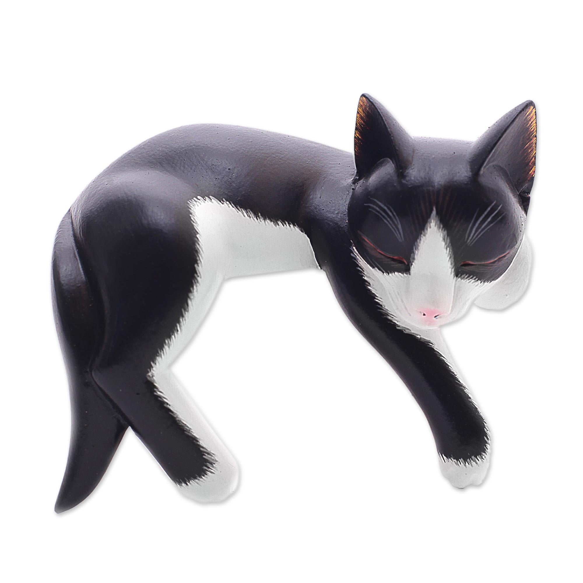 Premium Hand-Carved Balinese Tuxedo Cat Sculpture – Signed Artisan Piece