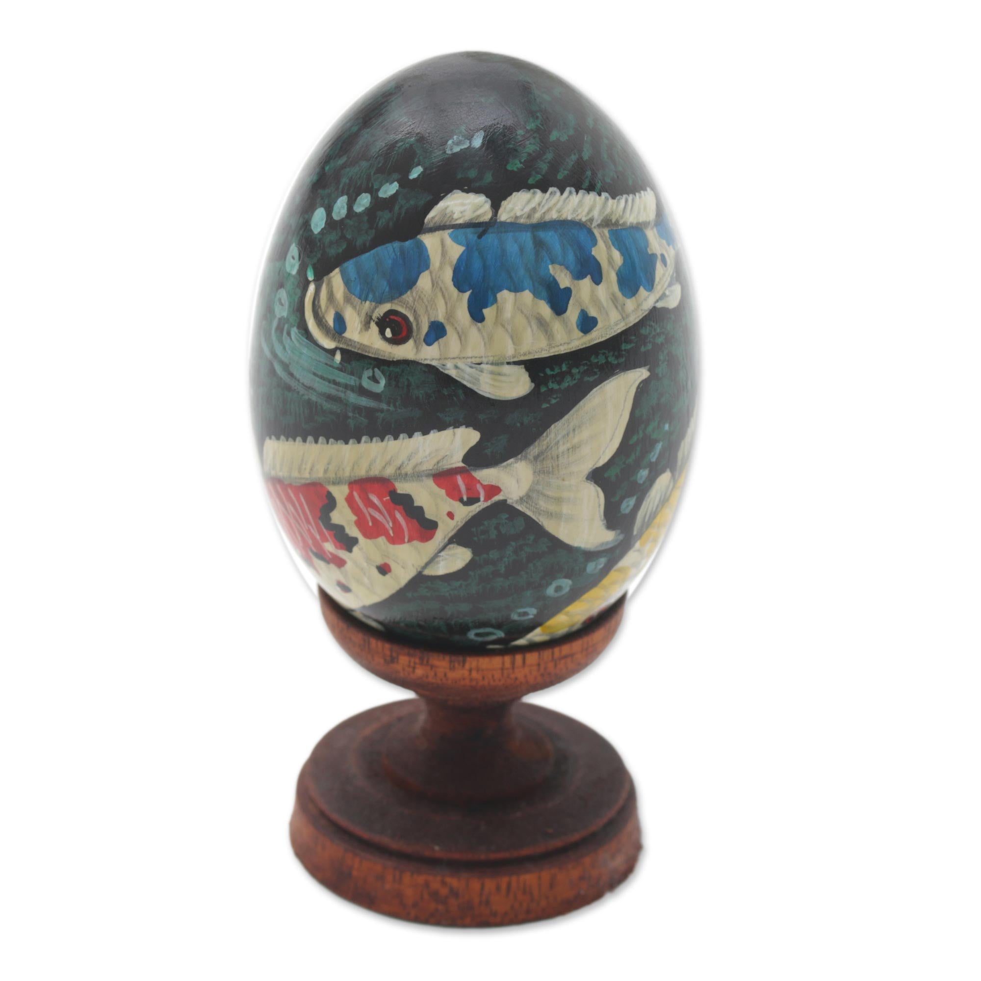 Premium Egg-Shaped Koi Pond Sculpture – Handcrafted Albesia Wood Art from Bali