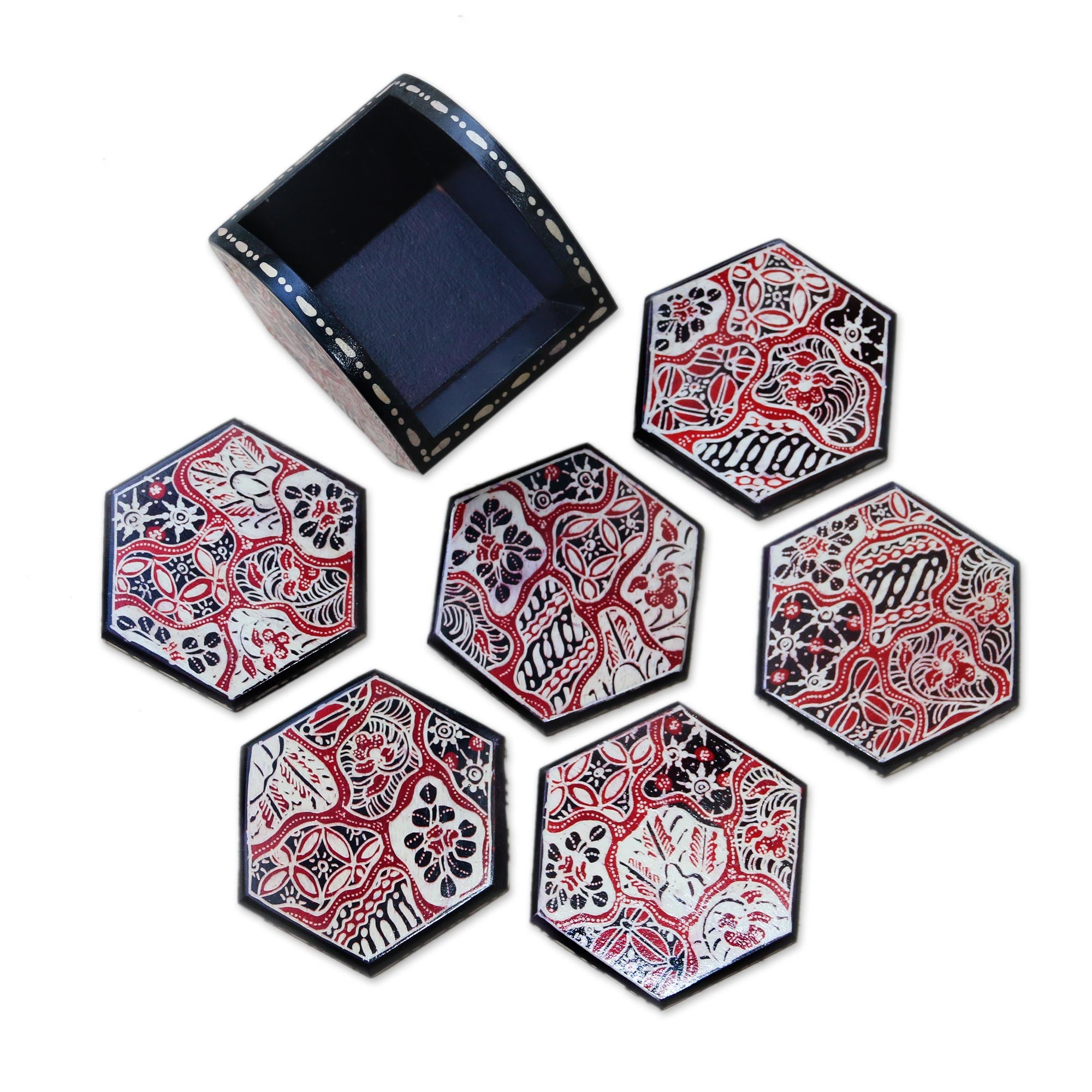Premium Sekarjagad Batik Wood Coaster Set - Red & Black Floral Design with Holder