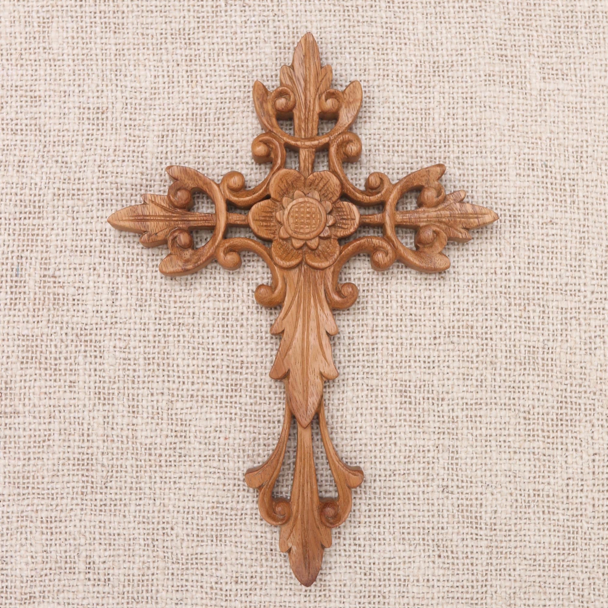 Premium Handcrafted Suar Wood Wall Cross with Floral Accent
