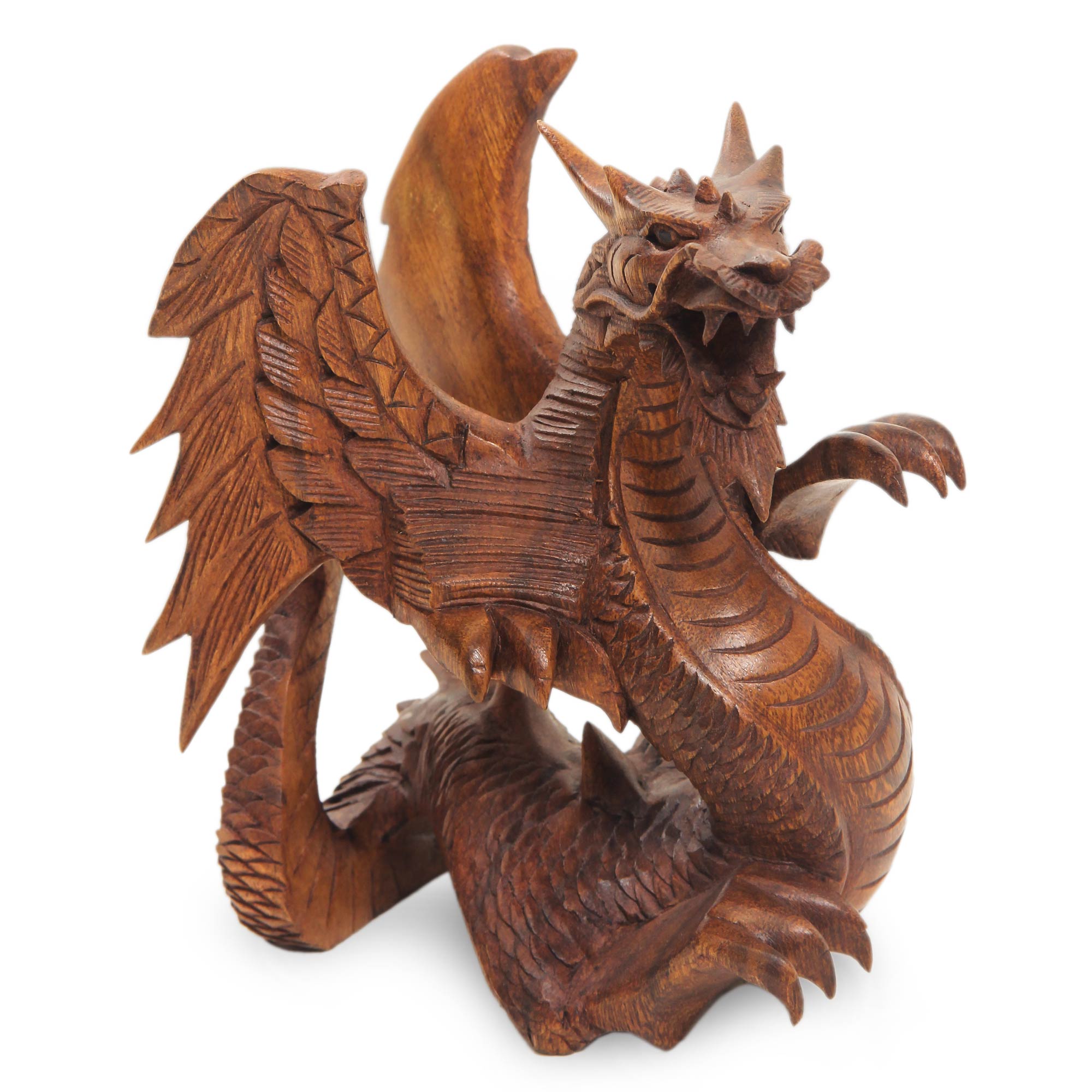 Premium Hand-Carved Winged Dragon Sculpture in Suar Wood