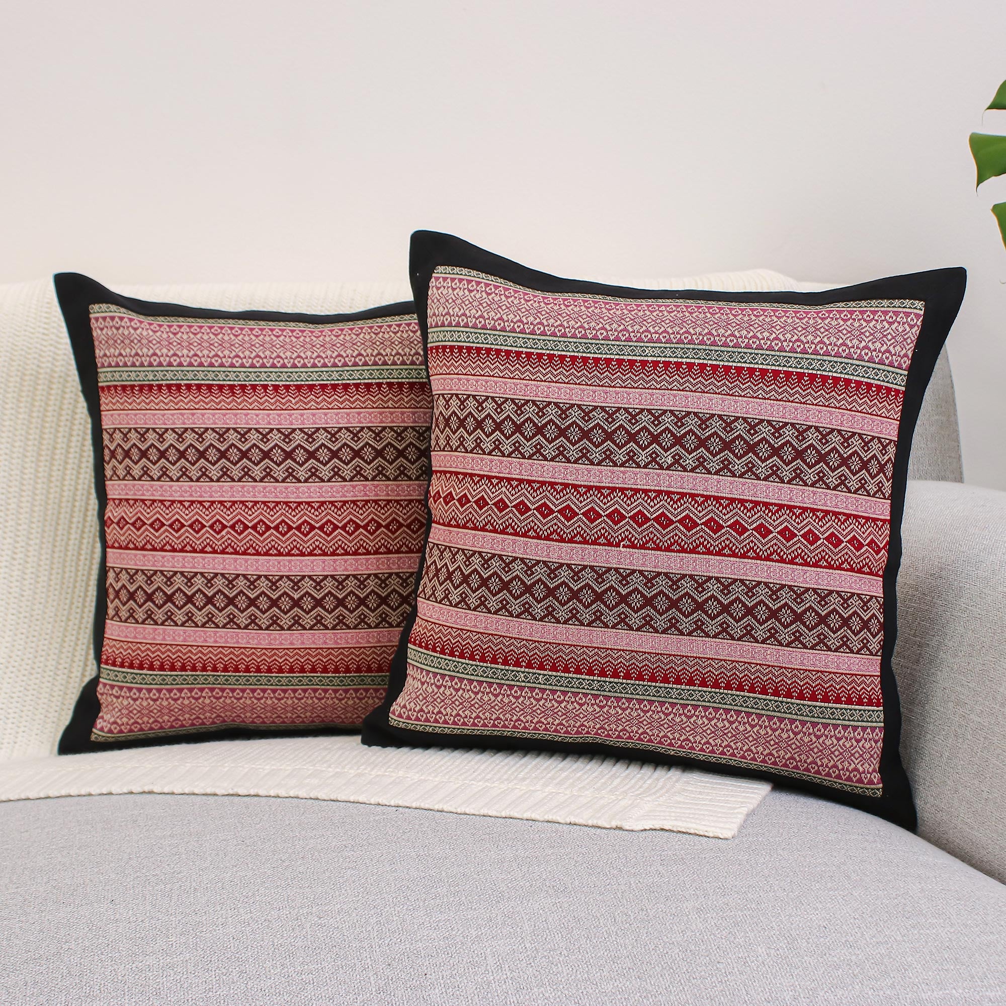 Premium Enchanted Thai Orchids Handwoven Cushion Covers (Pair) - Luxurious Pink & Red Design