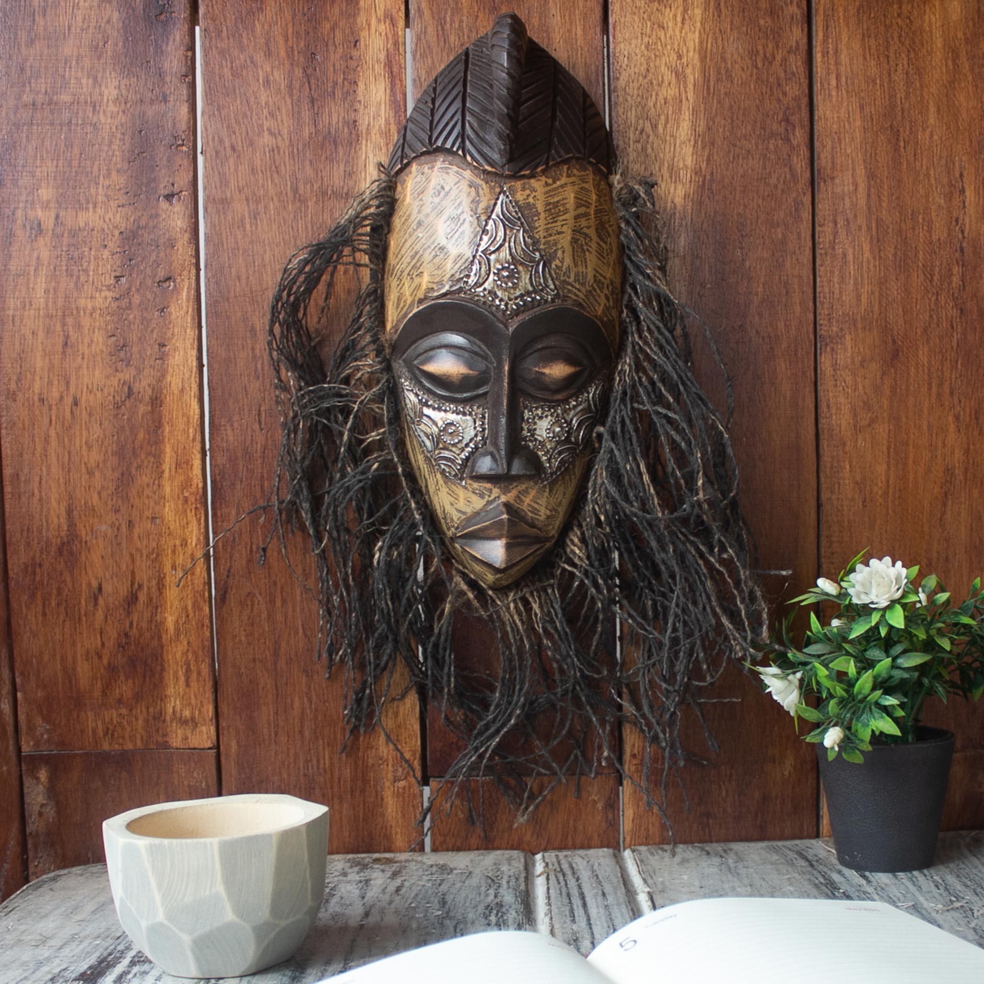 Premium Frafra Dancer African Tribal Mask - Handcrafted Wood & Metal Wall Art