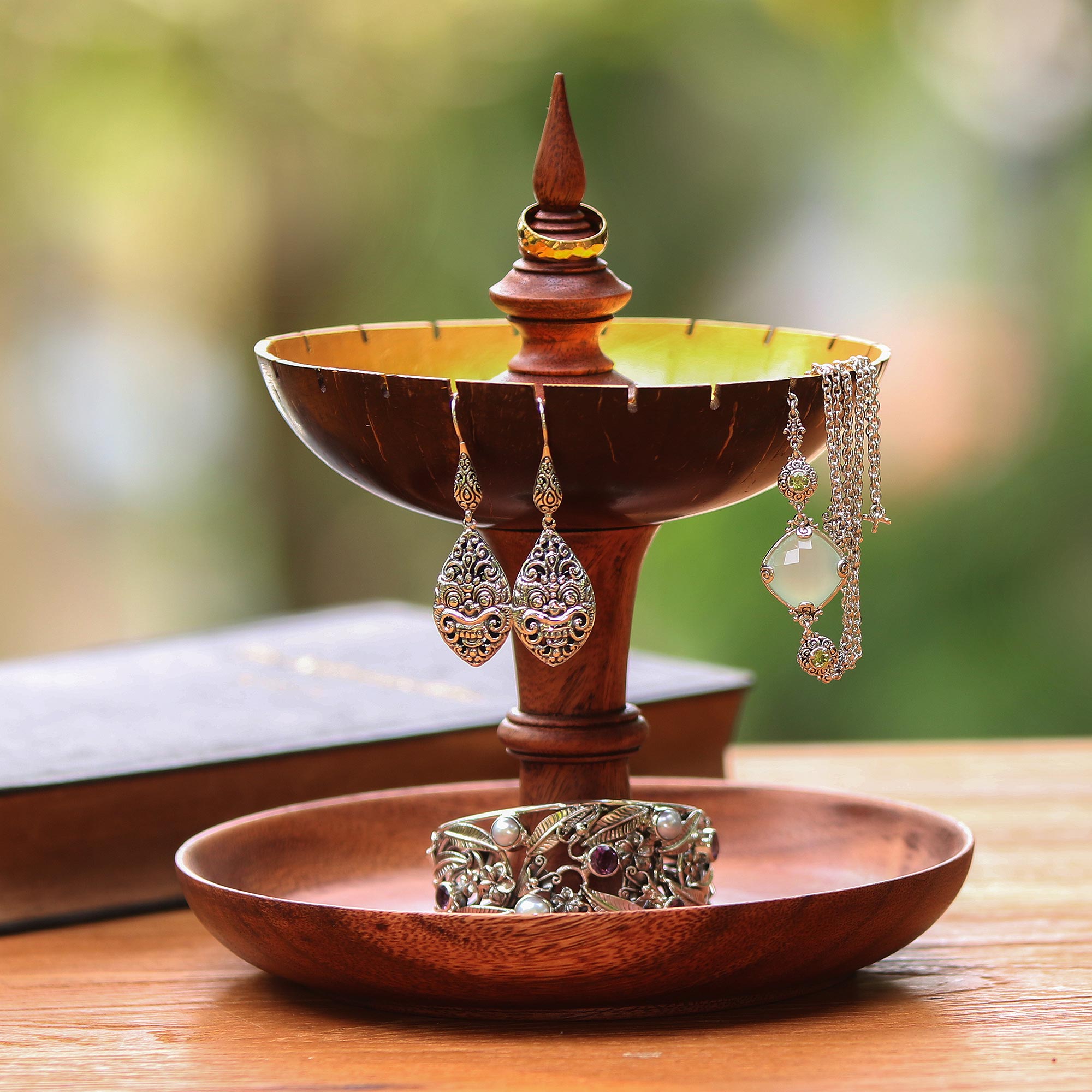 Premium Golden Fountain Jewelry Stand - Handcrafted Suar Wood & Coconut Shell from Bali