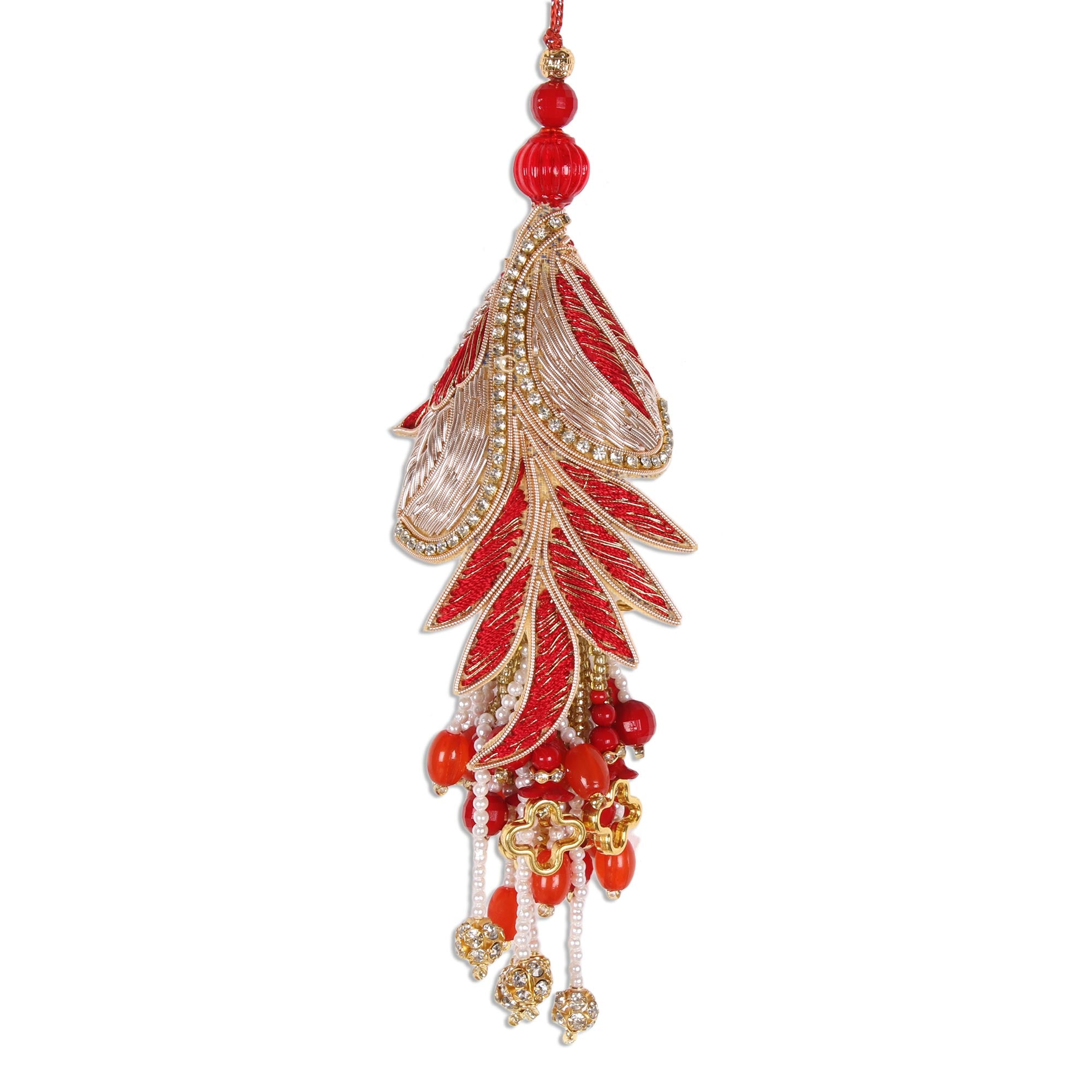 Premium Holiday Gala Gold & Red Beaded Ornaments – Handcrafted Set of 5 from India