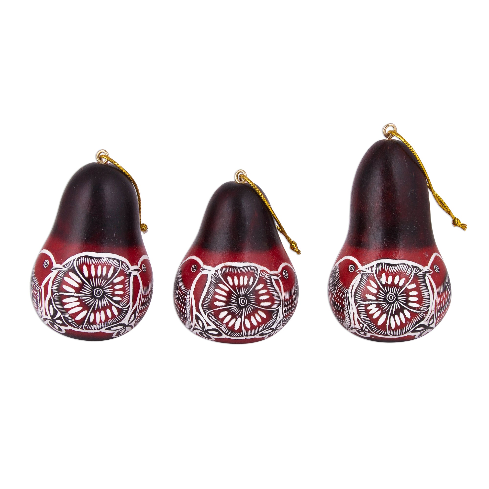 Premium Hand-Carved Bird & Flower Gourd Ornament Set (3-Piece)