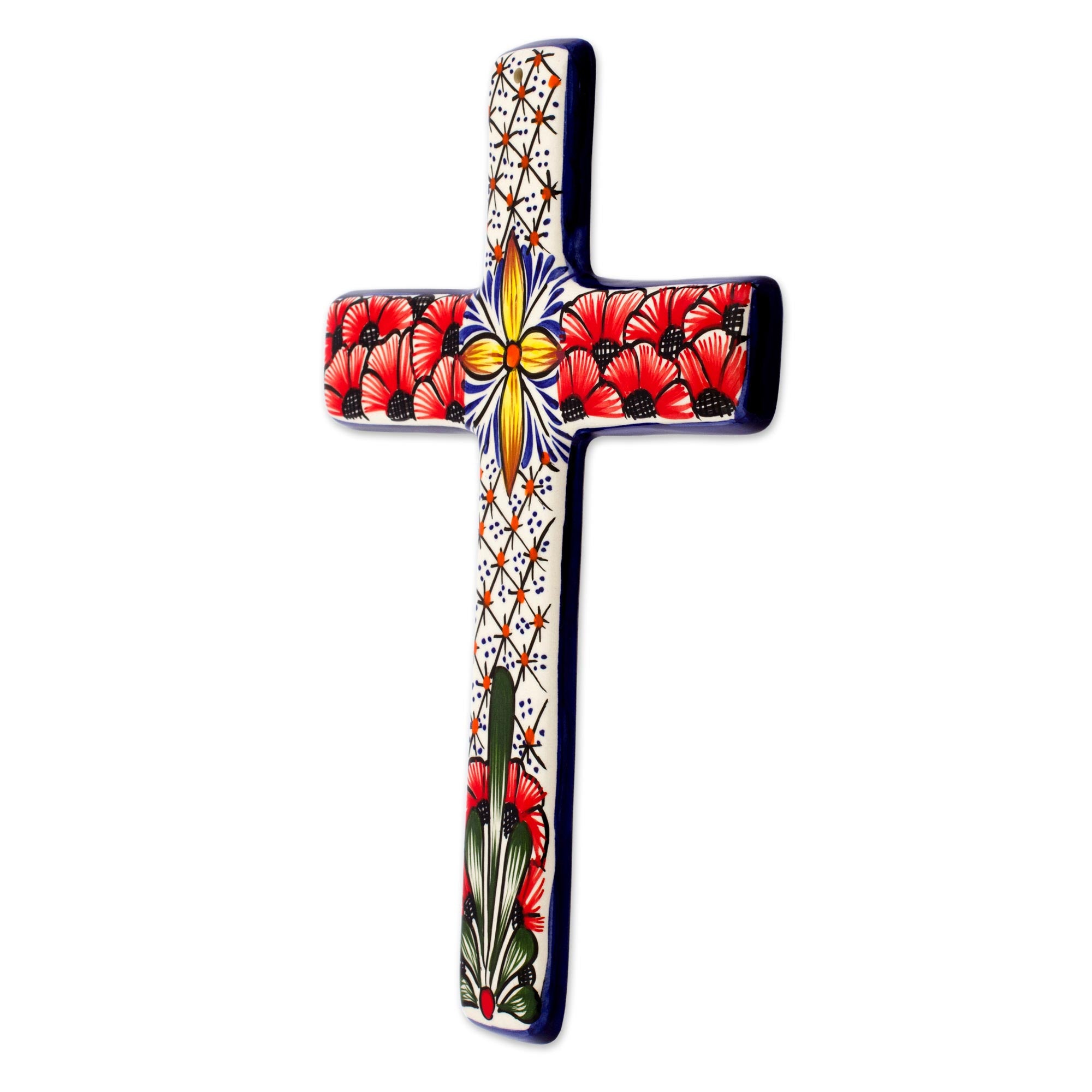 Premium Handcrafted Mexican Ceramic Wall Cross - Floral Motif Design