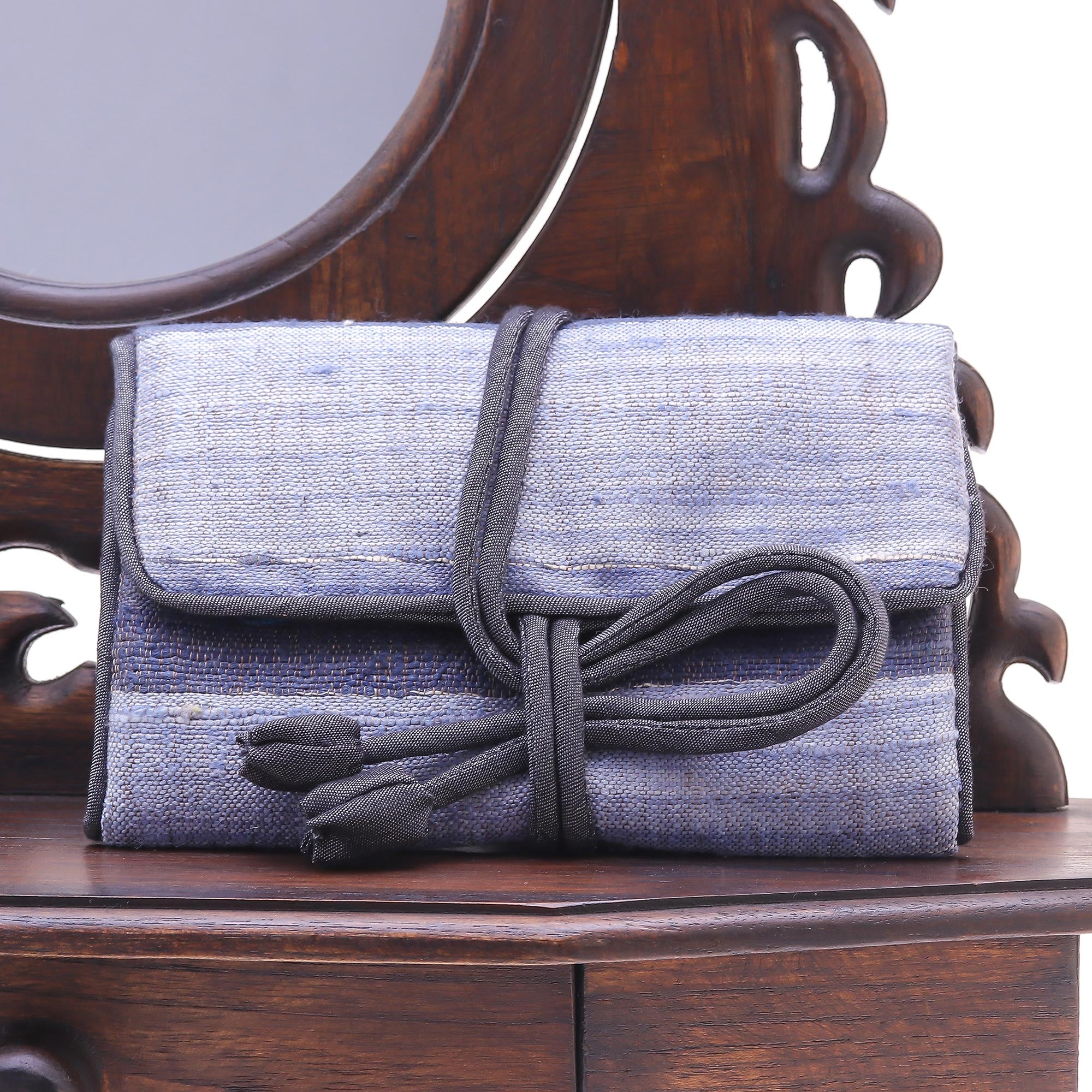 Premium Black & Grey Silk Jewelry Roll - Handcrafted by Thai Artisans