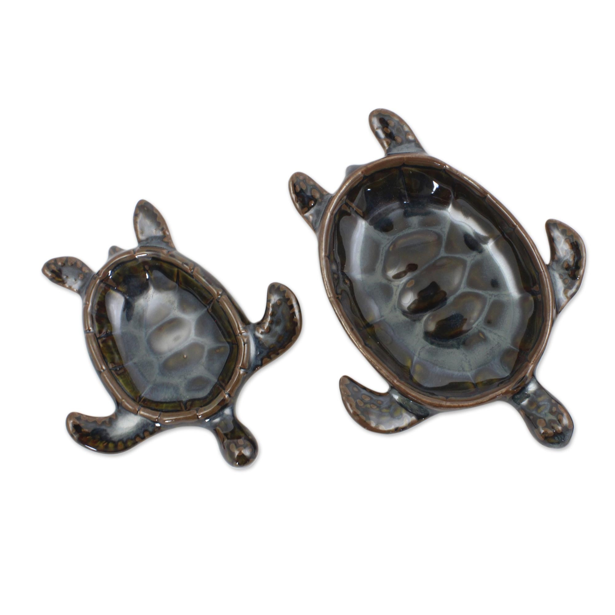 Premium Handcrafted Thai Ceramic Turtle Bowls - Indigo Blue & Brown Glaze (Set of 2)