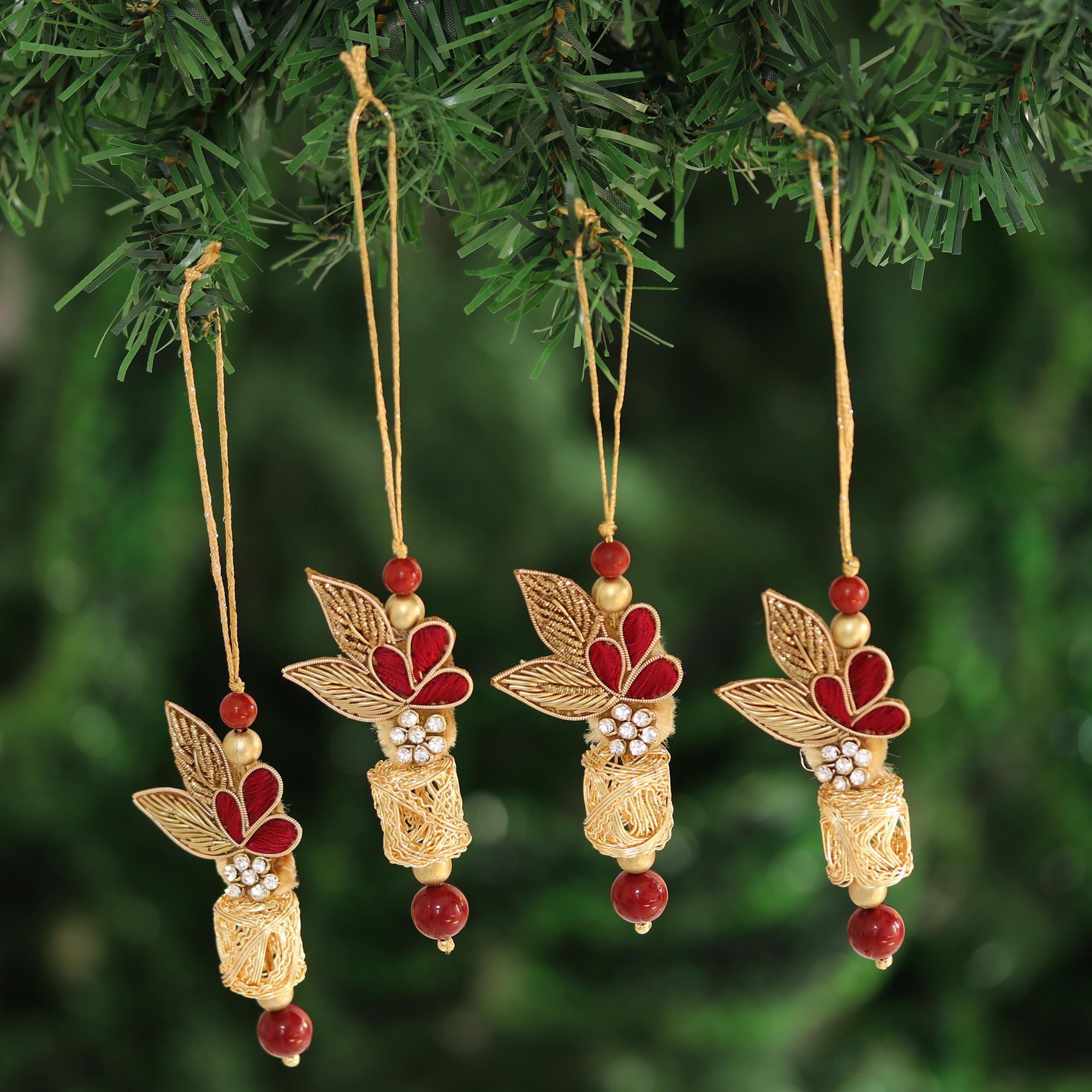 Premium Handcrafted Indian Ornament Set - Red & Gold Beaded Decor (4-Piece)