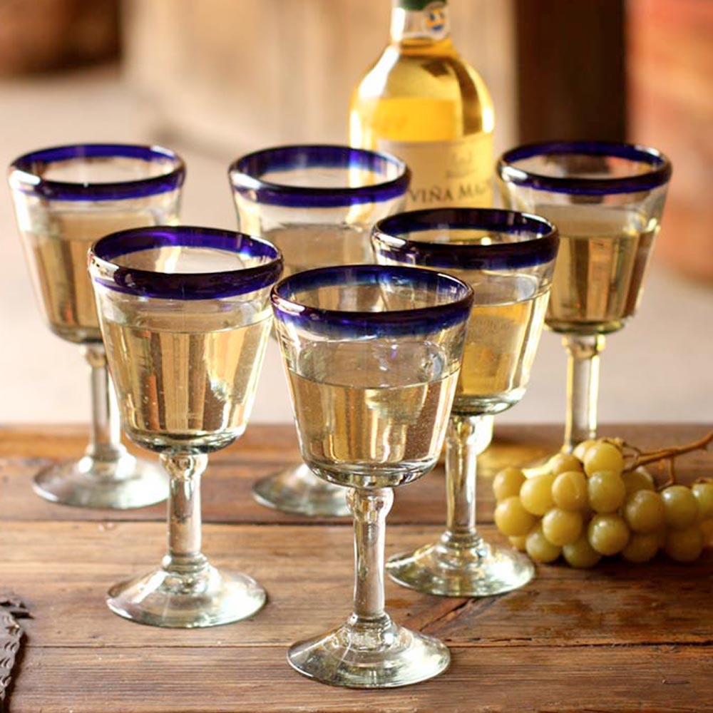 Premium Hand-Blown Chardonnay Wine Glasses - Set of 6 Artisan Blue Rim Goblets from Mexico