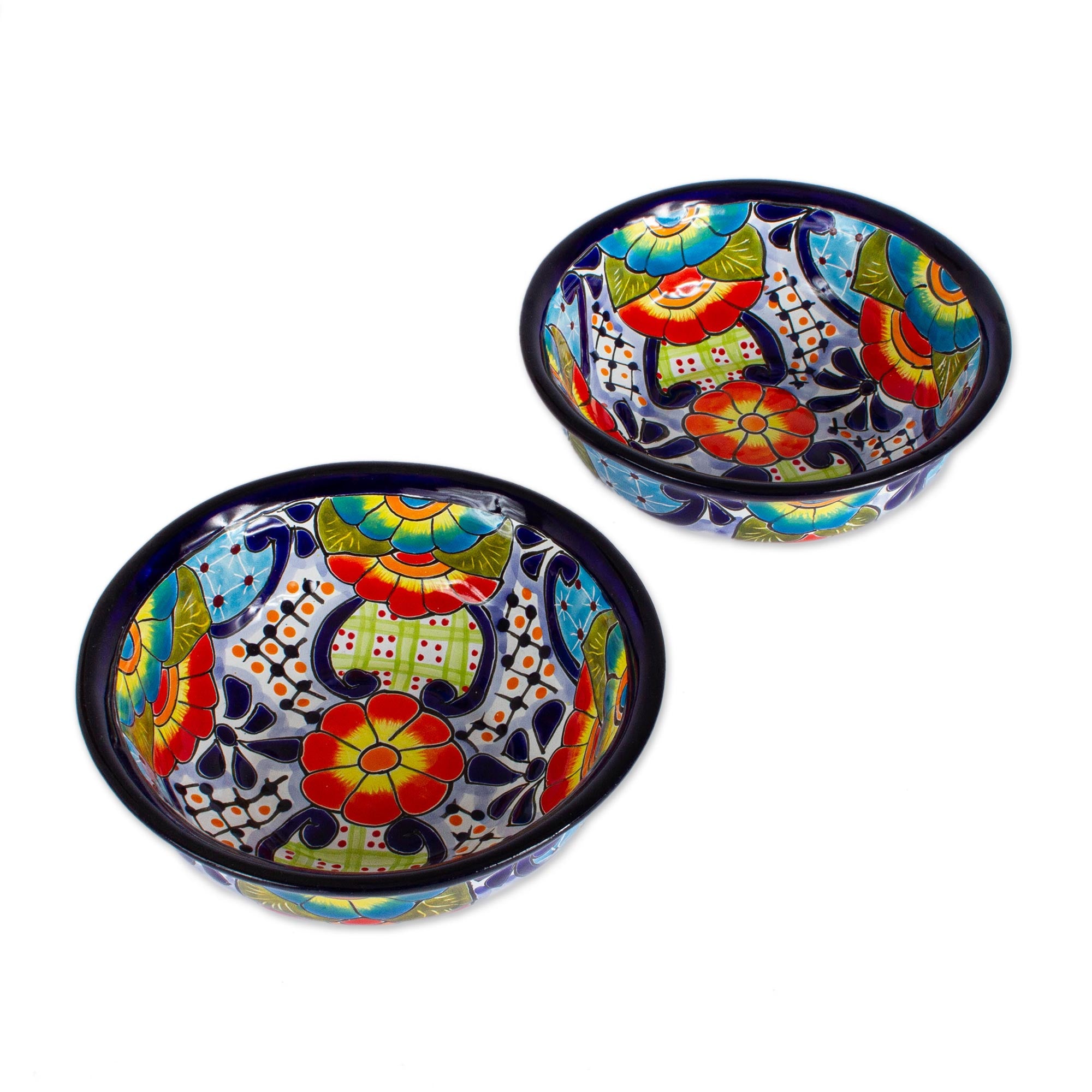 Premium Mexican Talavera Style Ceramic Snack & Serving Bowls - Handcrafted Pair