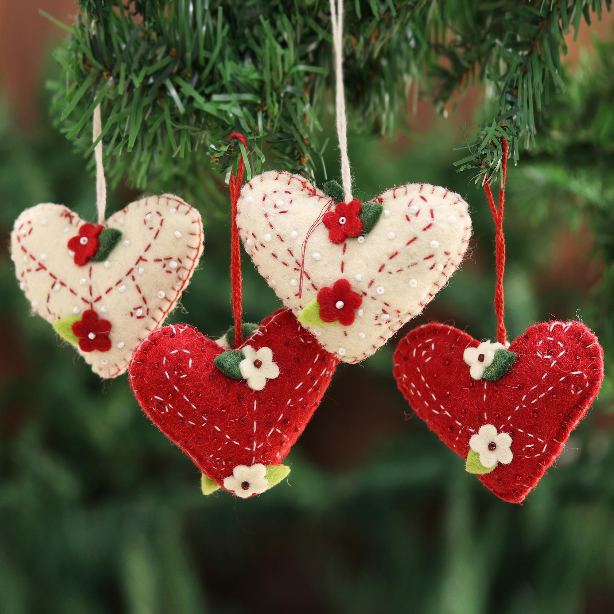 Premium Handcrafted Felt Heart Ornaments - Red & Ivory Set of 4