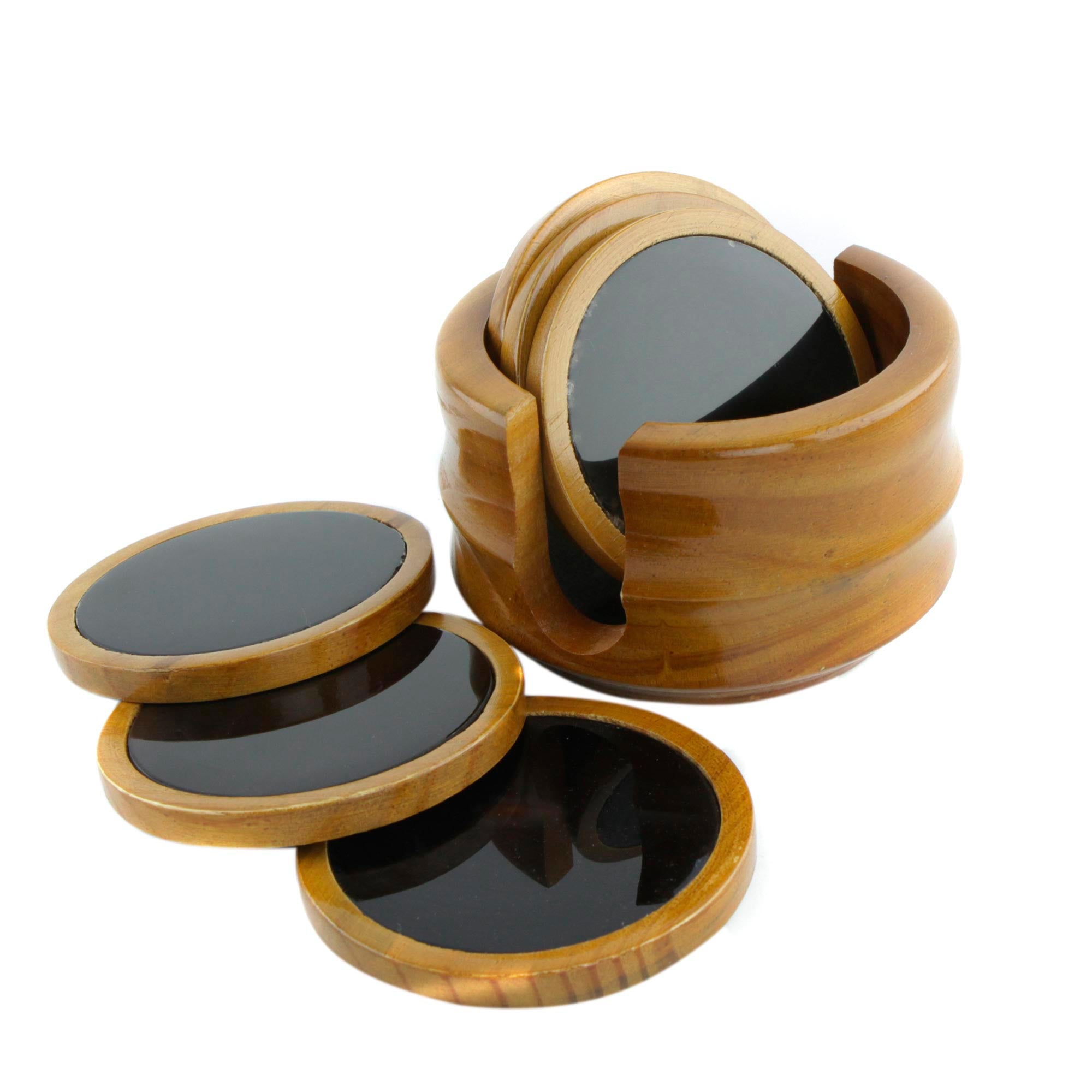 Premium Nocturnal Wisdom Coaster Set: 6 Black Agate & Cedar Wood Coasters with Stand