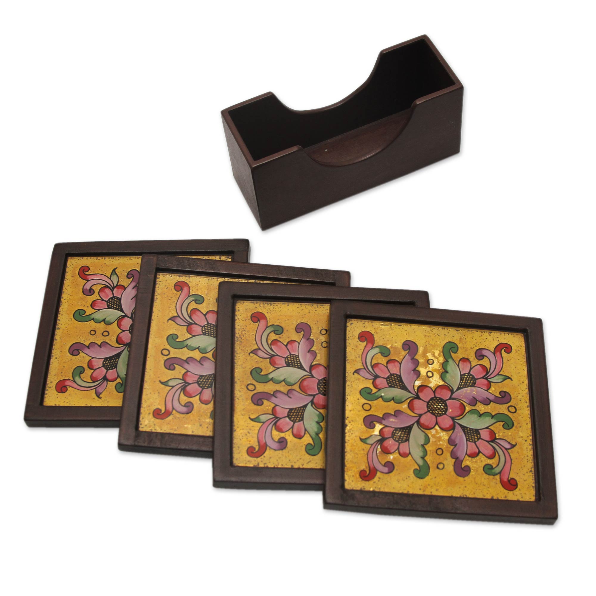 Premium Blushing Blooms Hand-Painted Glass Coaster Set with Holder