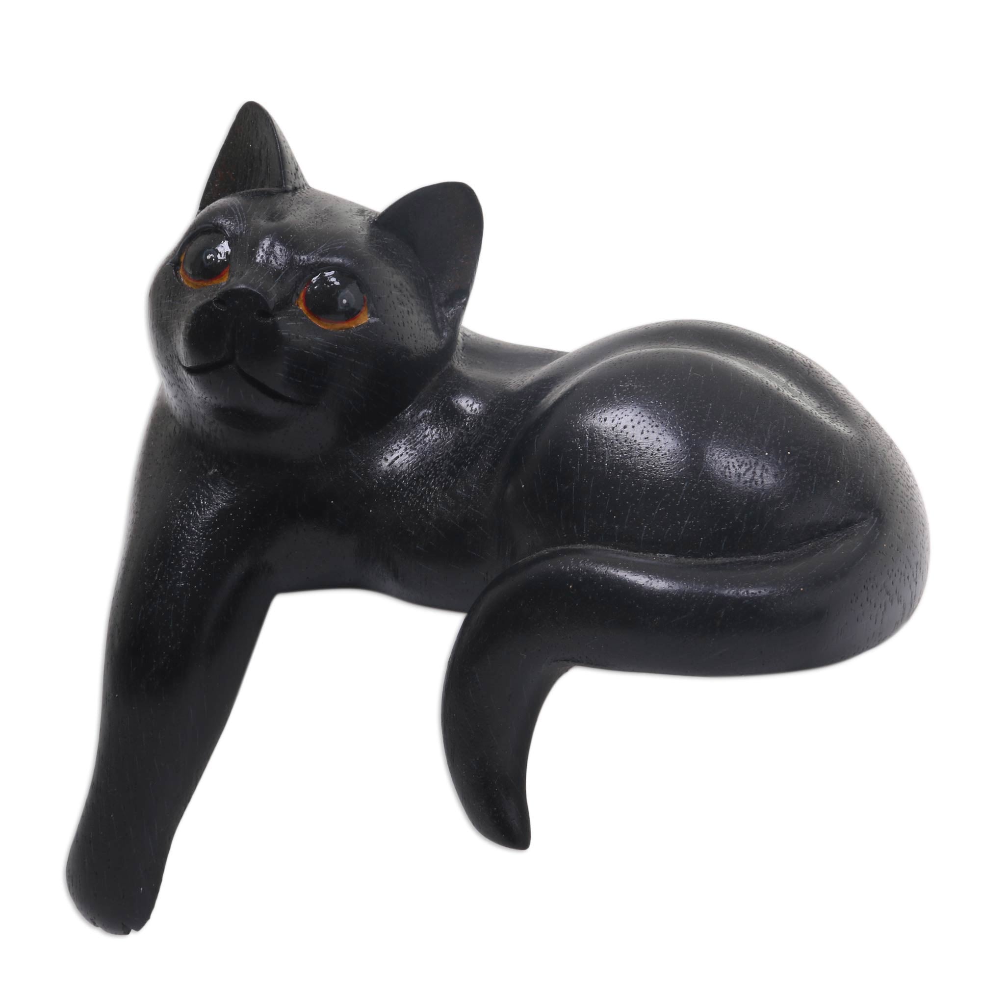 Premium Watchful Black Cat Hand-Carved Wooden Sculpture with Elegant Black Finish