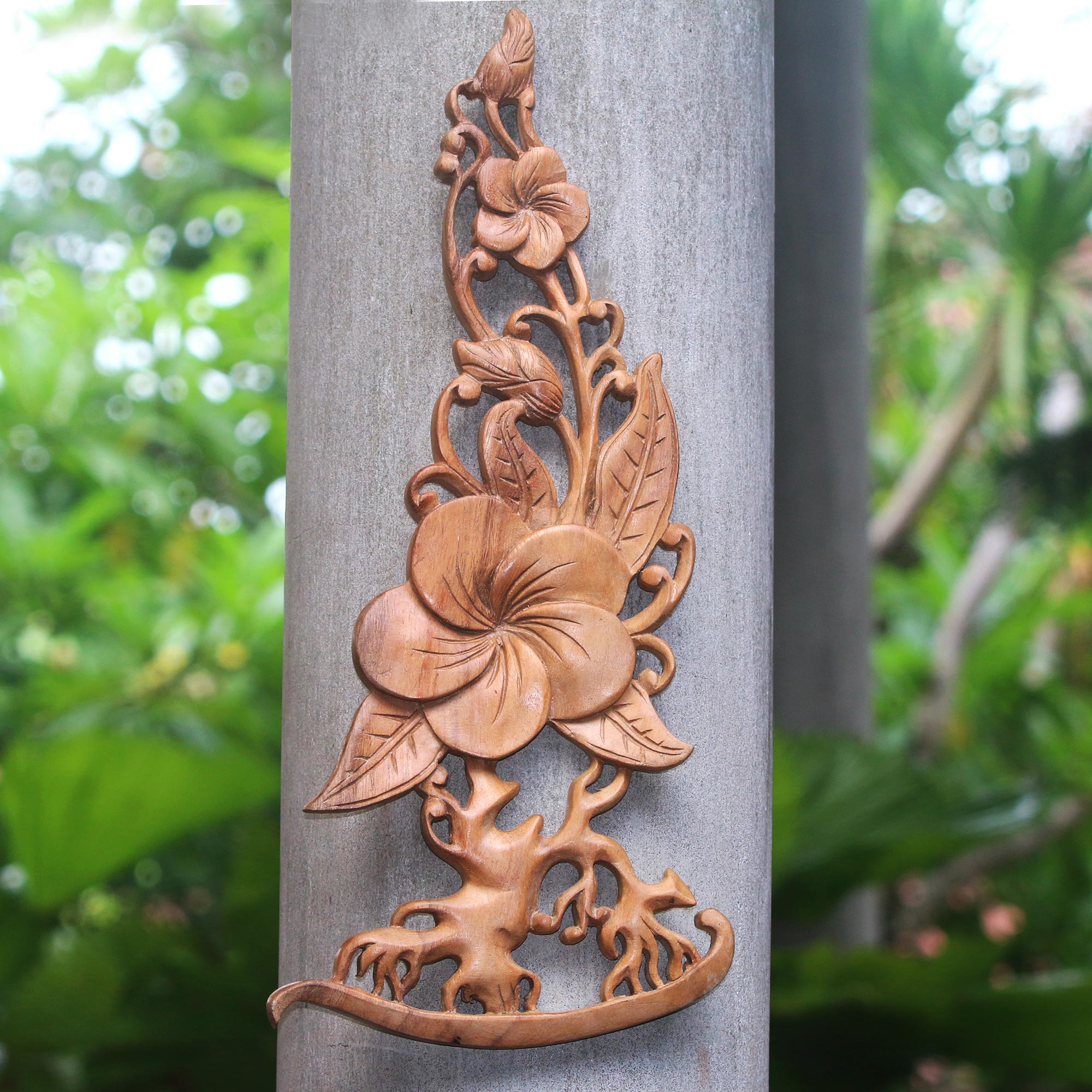 Premium Hand-Carved Suar Wood Frangipani Relief Panel – Majestic Bali Art